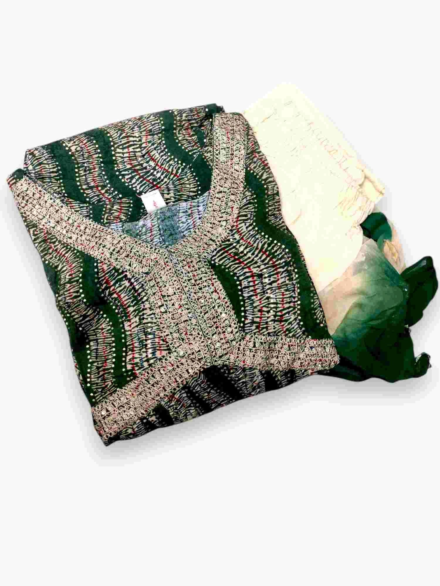Jiarah Leheriya Foil Printed Sequins Work Paneled Kurta Pant Set With Dupatta Green