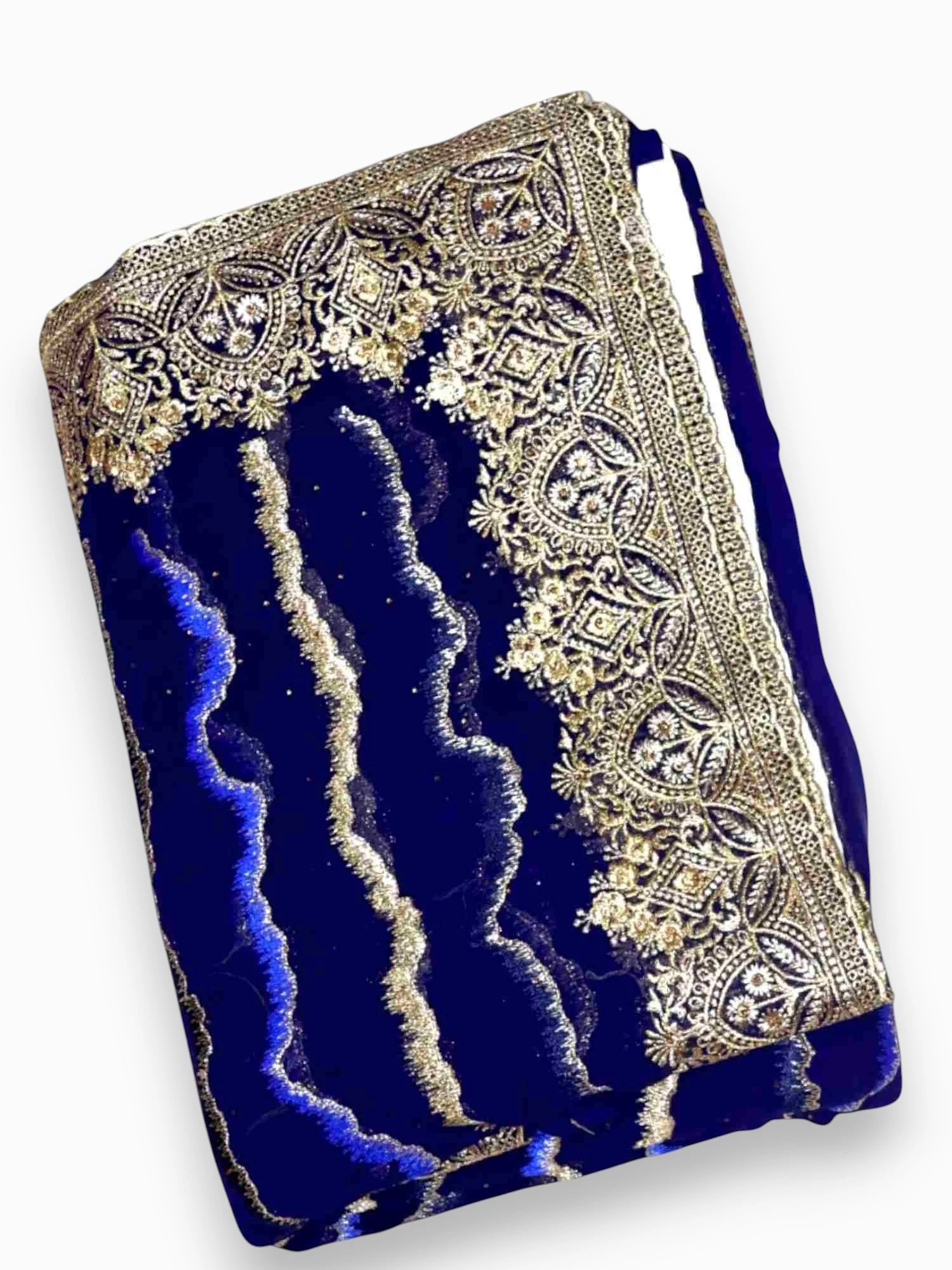 Jiarah Leheriya Heavy Embroidery Thread Work Bridal Chiffon Saree Blue