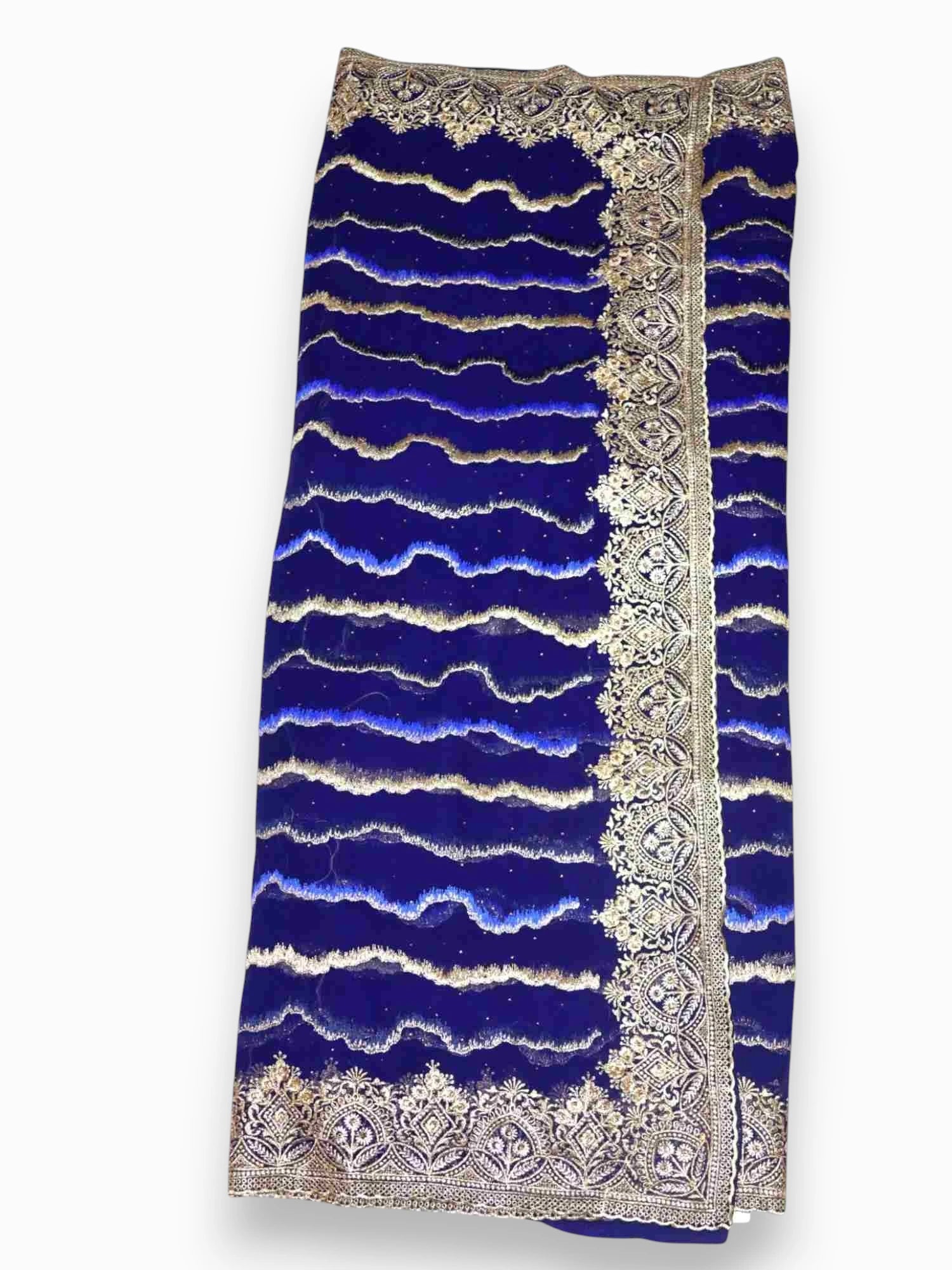 Jiarah Leheriya Heavy Embroidery Thread Work Bridal Chiffon Saree Blue