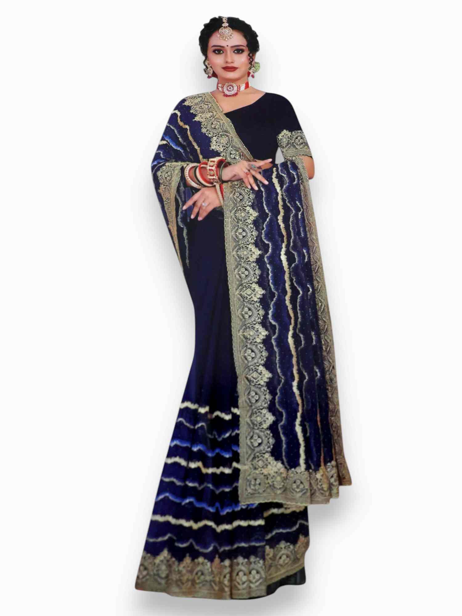 Jiarah Leheriya Heavy Embroidery Thread Work Bridal Chiffon Saree Blue