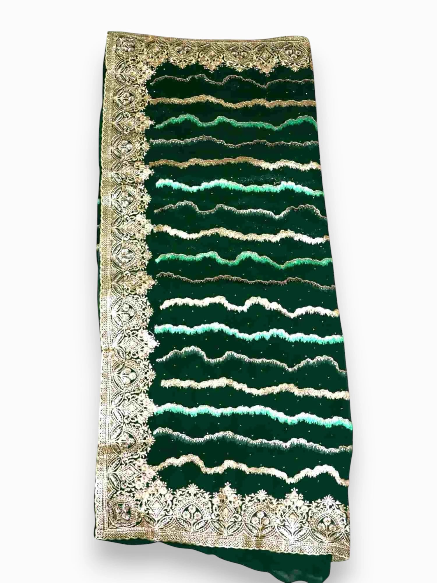 Jiarah Leheriya Heavy Embroidery Thread Work Bridal Chiffon Saree Green