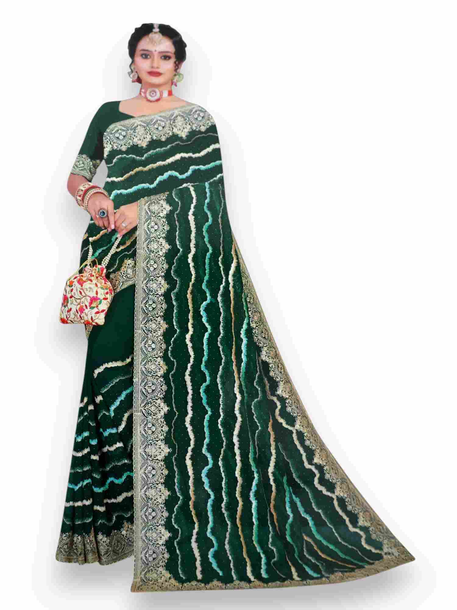 Jiarah Leheriya Heavy Embroidery Thread Work Bridal Chiffon Saree Green