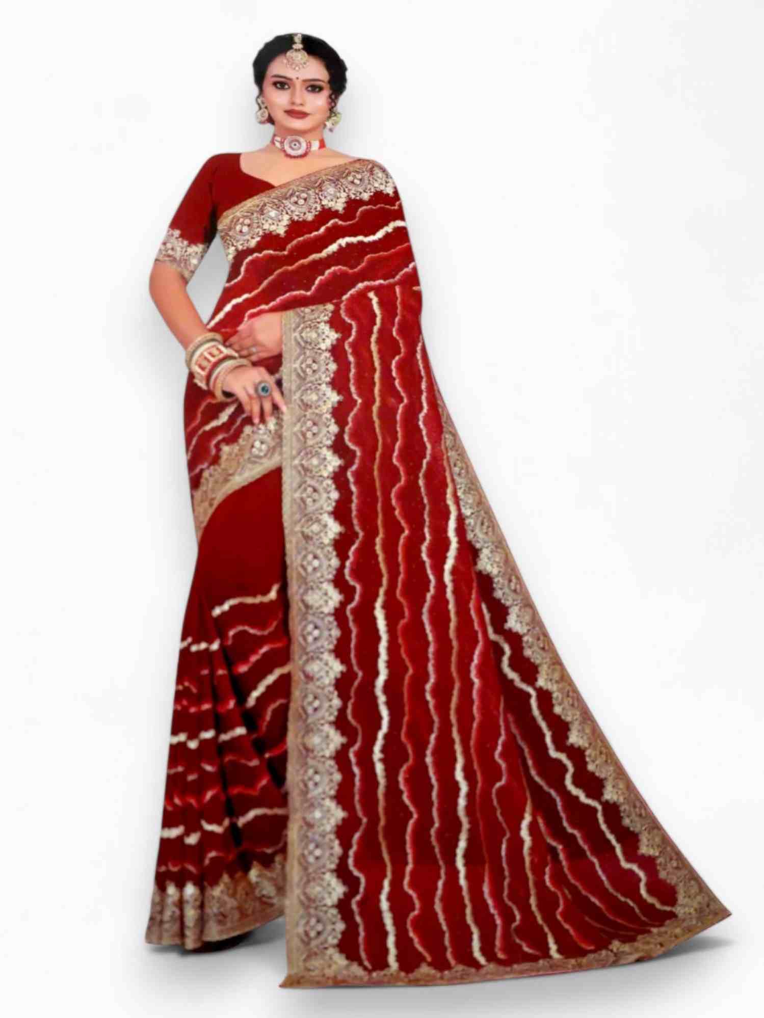 Jiarah Leheriya Heavy Embroidery Thread Work Red Bridal Chiffon Saree