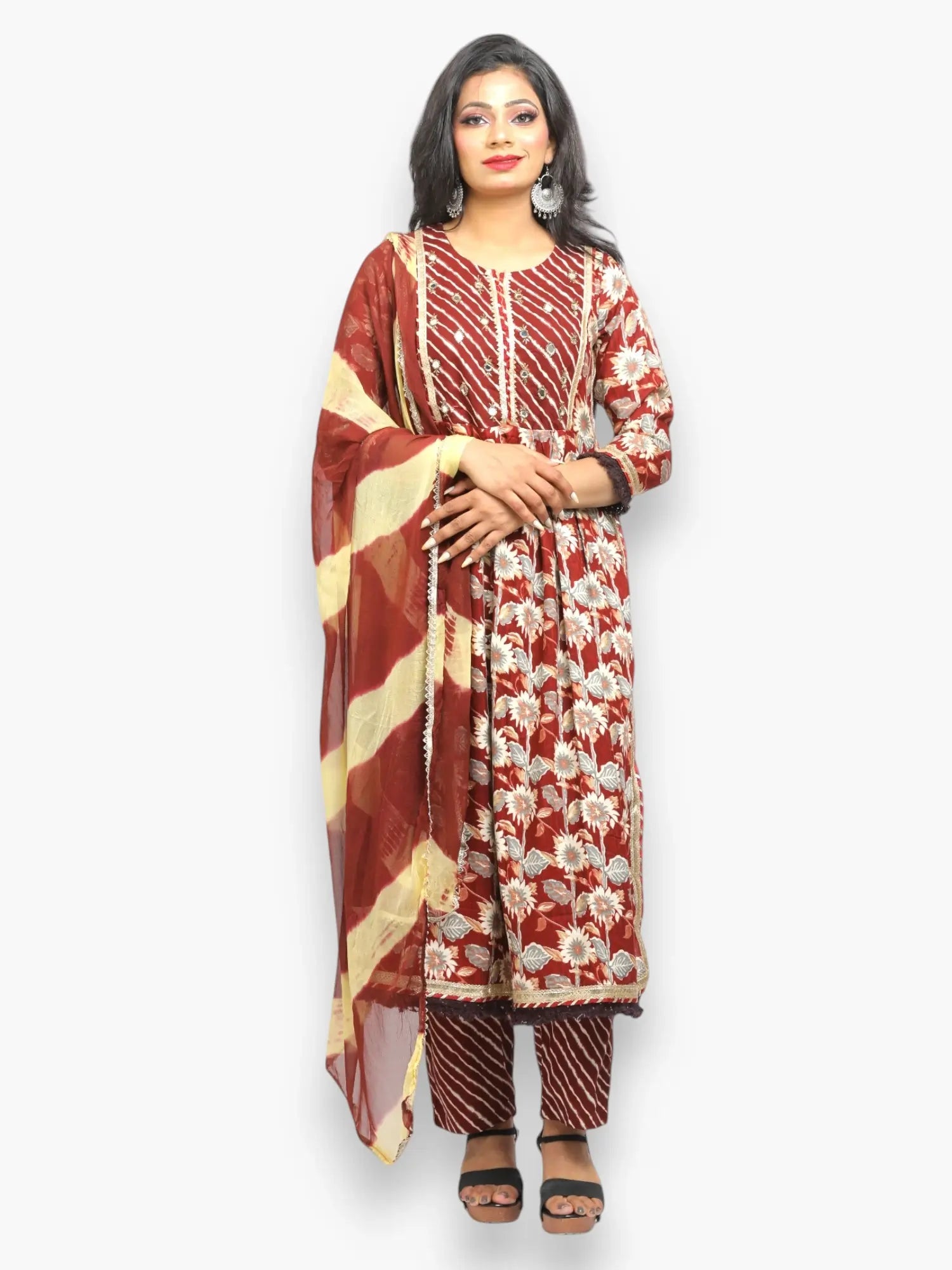 Jiarah Mirror Work Floral Print Paneled Rayon Kurta Pant Set with Dupatta
