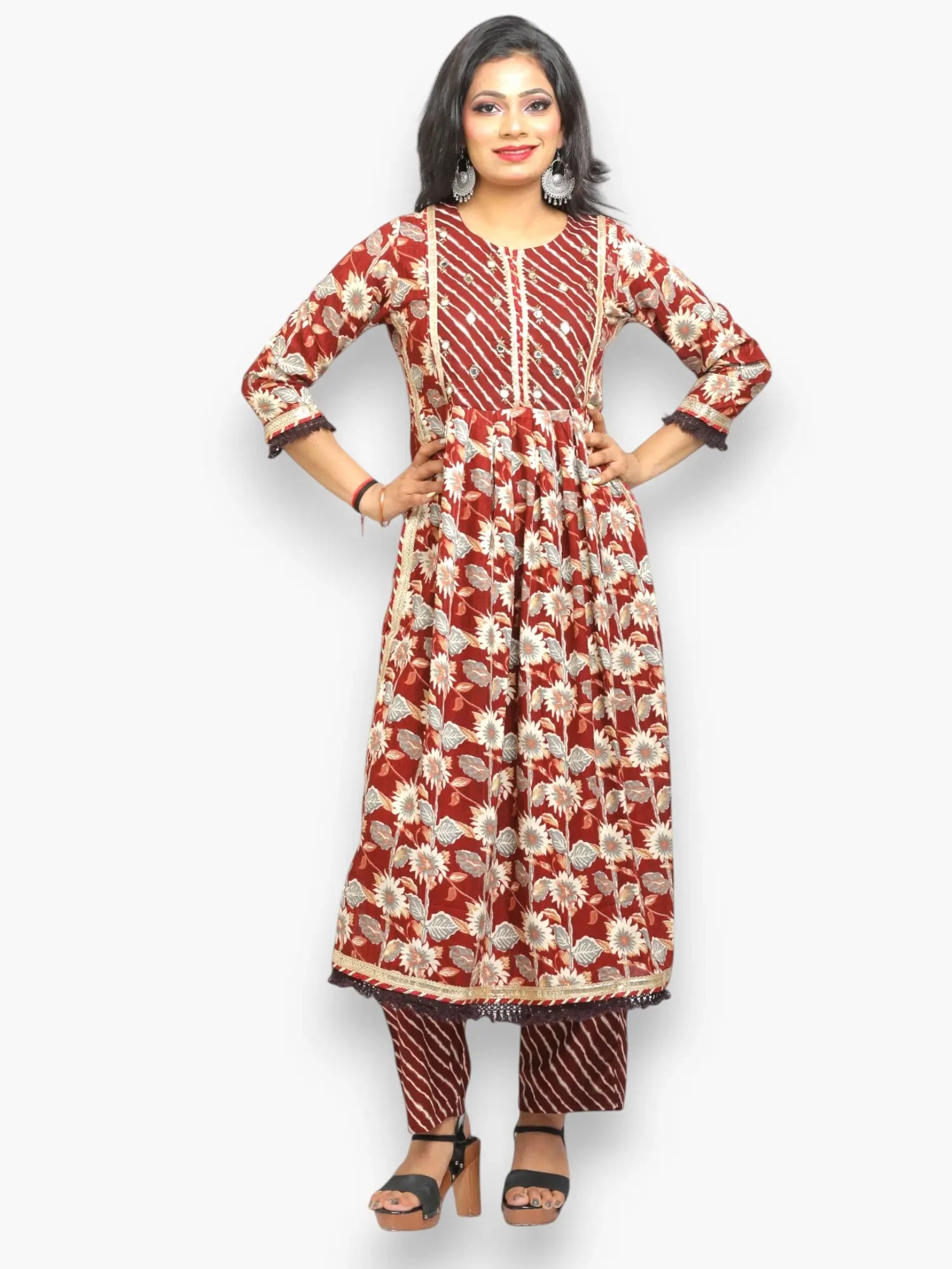 Jiarah Mirror Work Floral Print Paneled Rayon Kurta Pant Set with Dupatta