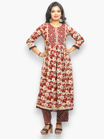 Jiarah Mirror Work Floral Print Paneled Rayon Kurta Pant Set with Dupatta Jiarah Mirror Work Floral Print Paneled Rayon Kurta Pant Set with Dupatta