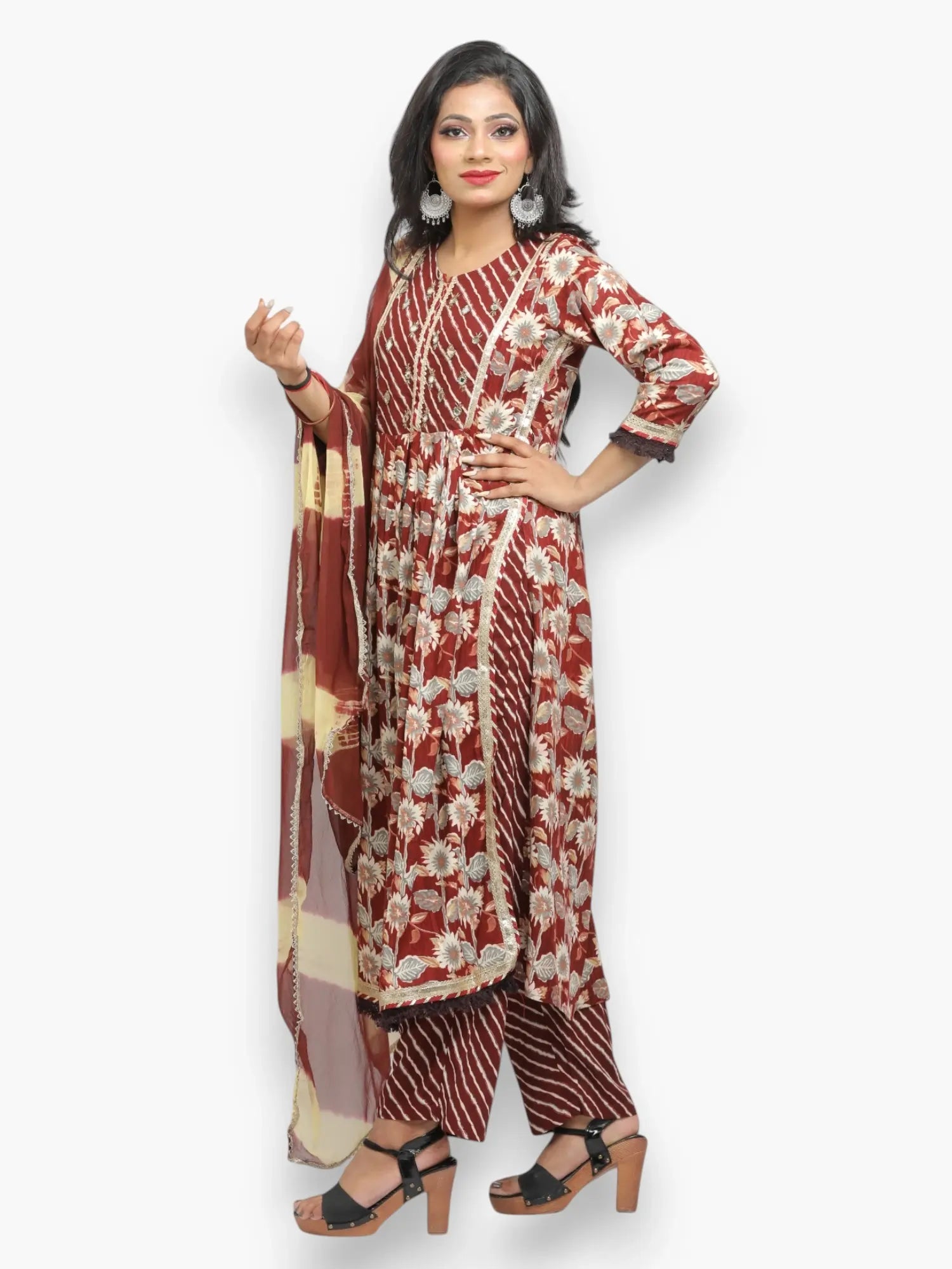 Jiarah Mirror Work Floral Print Paneled Rayon Kurta Pant Set with Dupatta