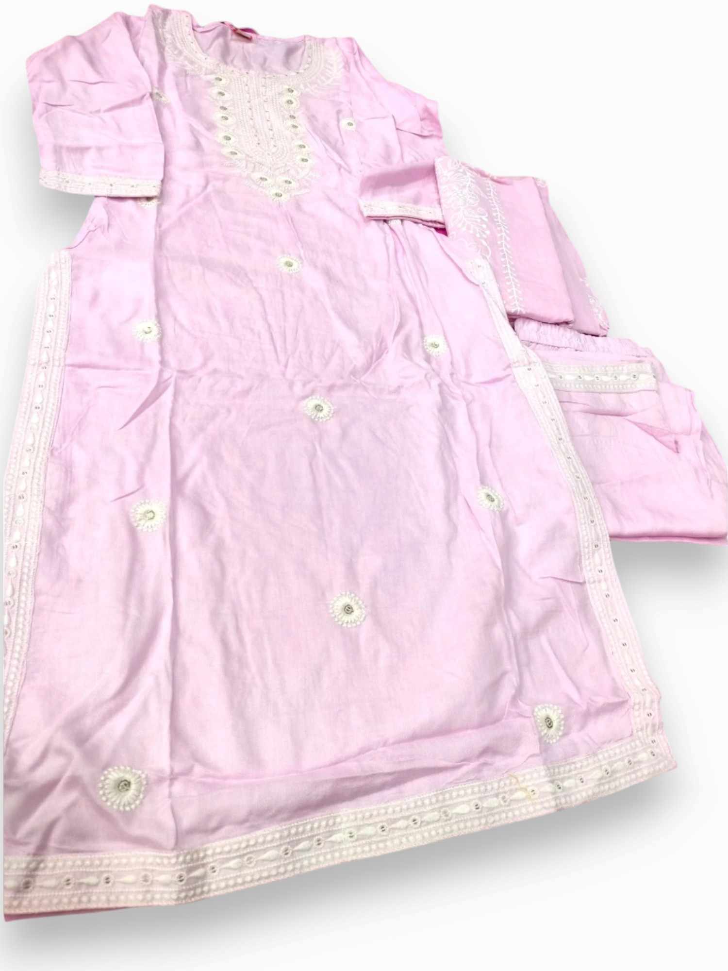 Jiarah Pastel Color Chikankari A-line Cotton Kurta Pant Set with Dupatta
