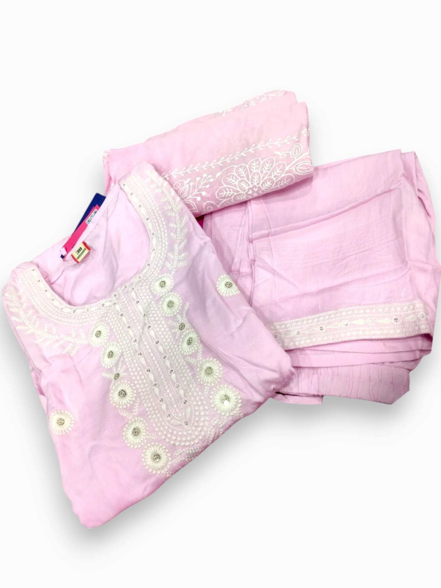 Jiarah Pastel Color Chikankari A-line Cotton Kurta Pant Set with Dupatta