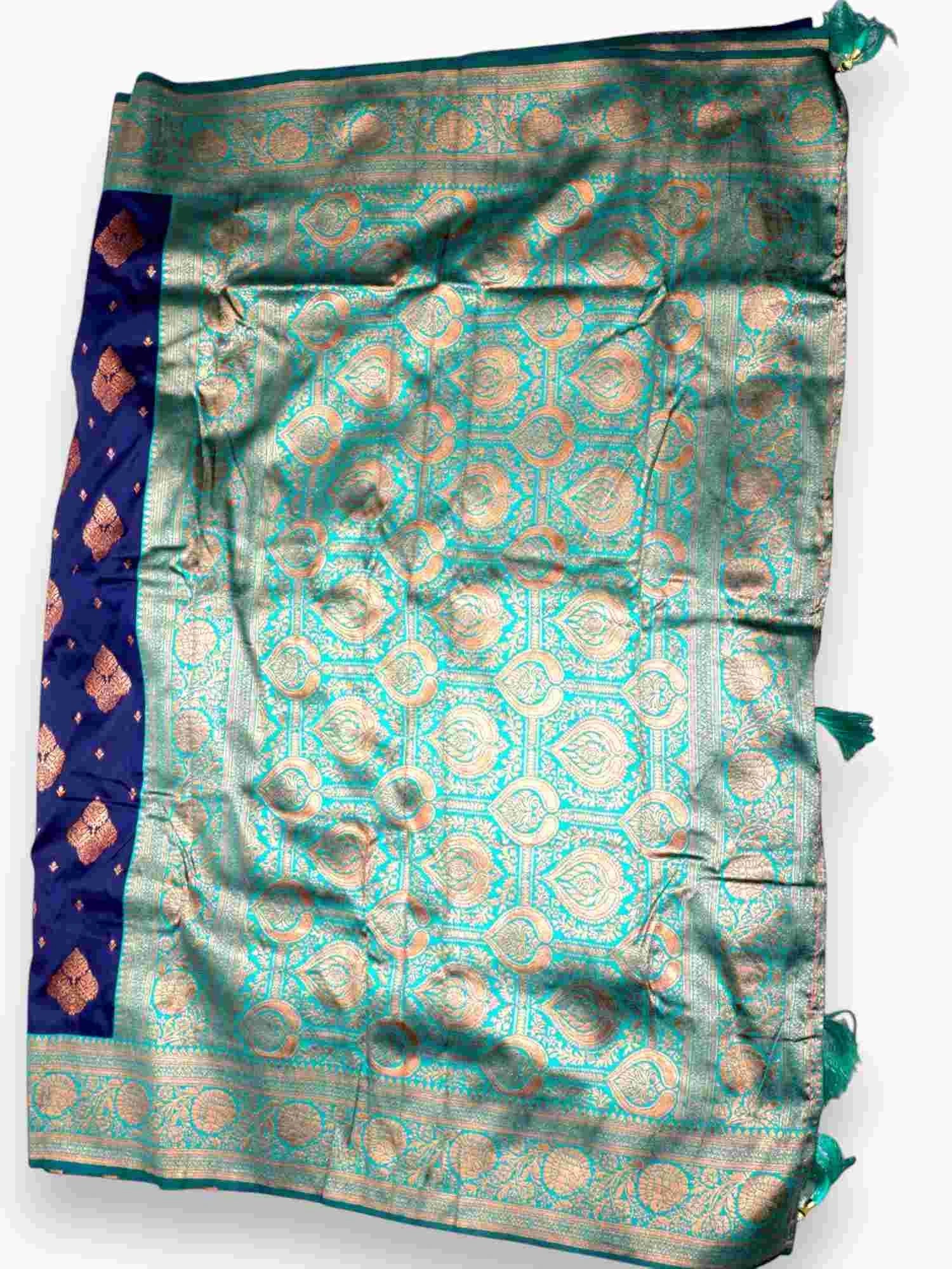 Jiarah Premium Floral Woven Banarasi Silk Saree Blue