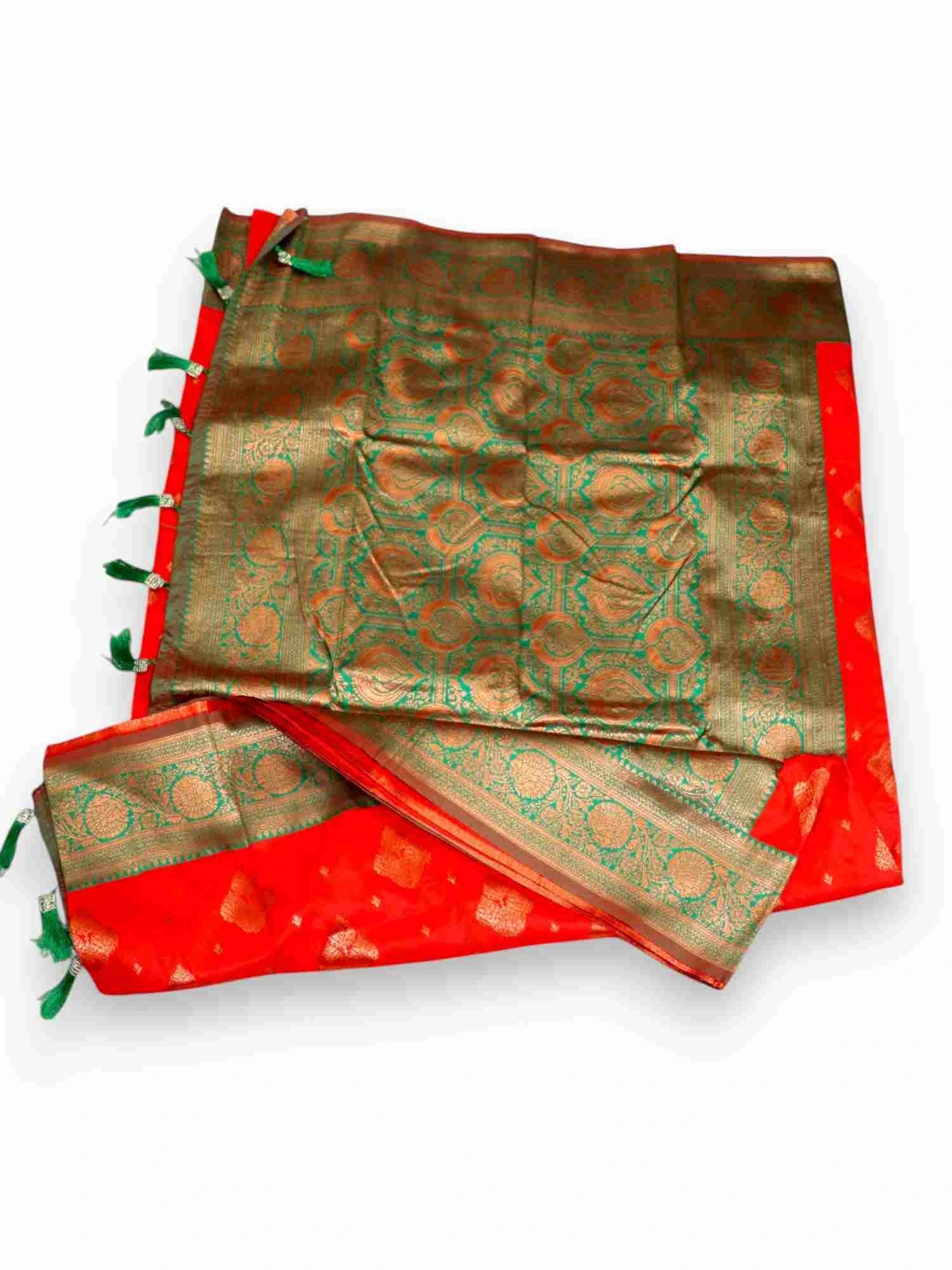 Jiarah Premium Floral Woven Banarasi Silk Saree Red