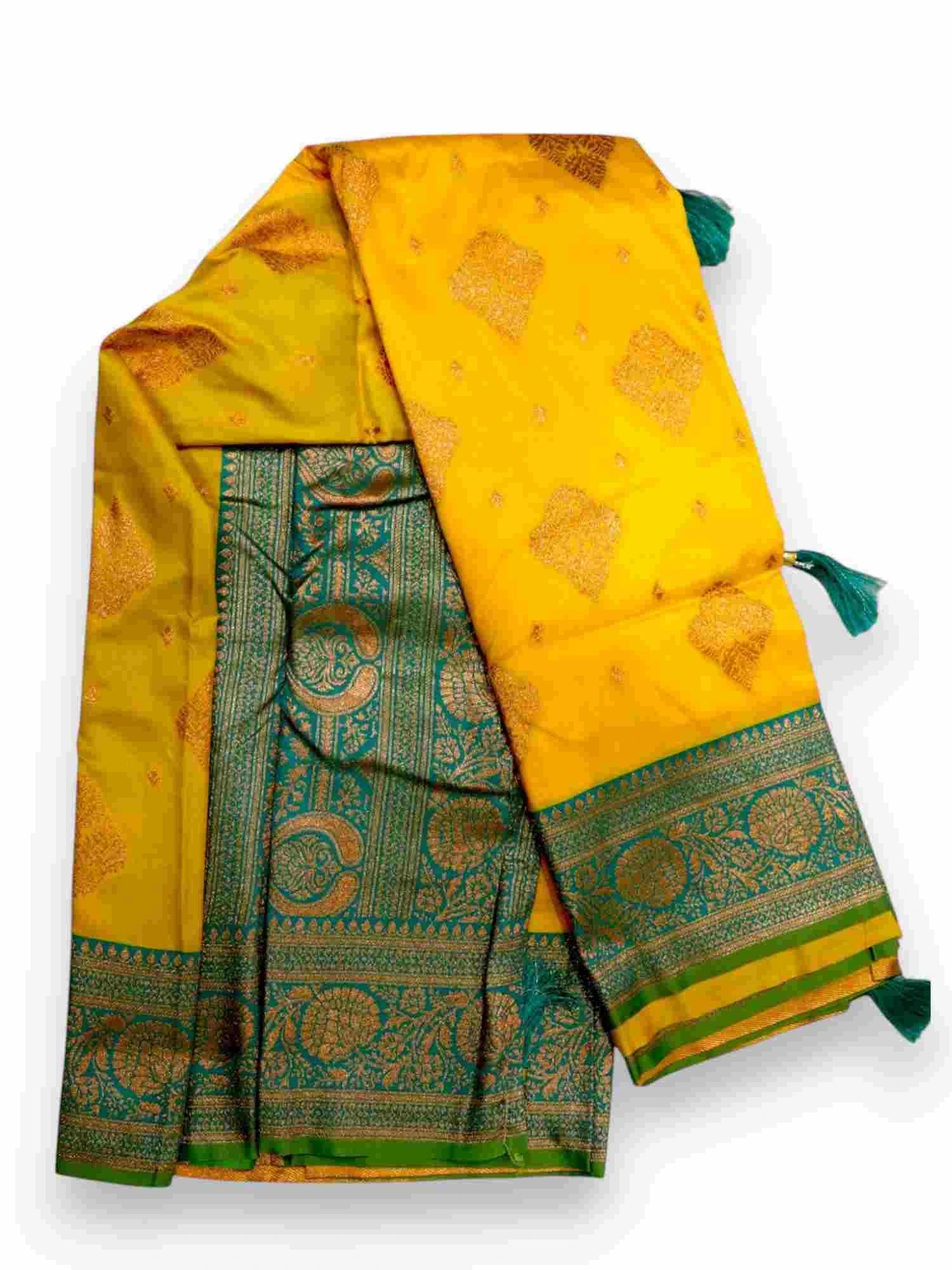 Jiarah Premium Floral Woven Banarasi Silk Saree Yellow