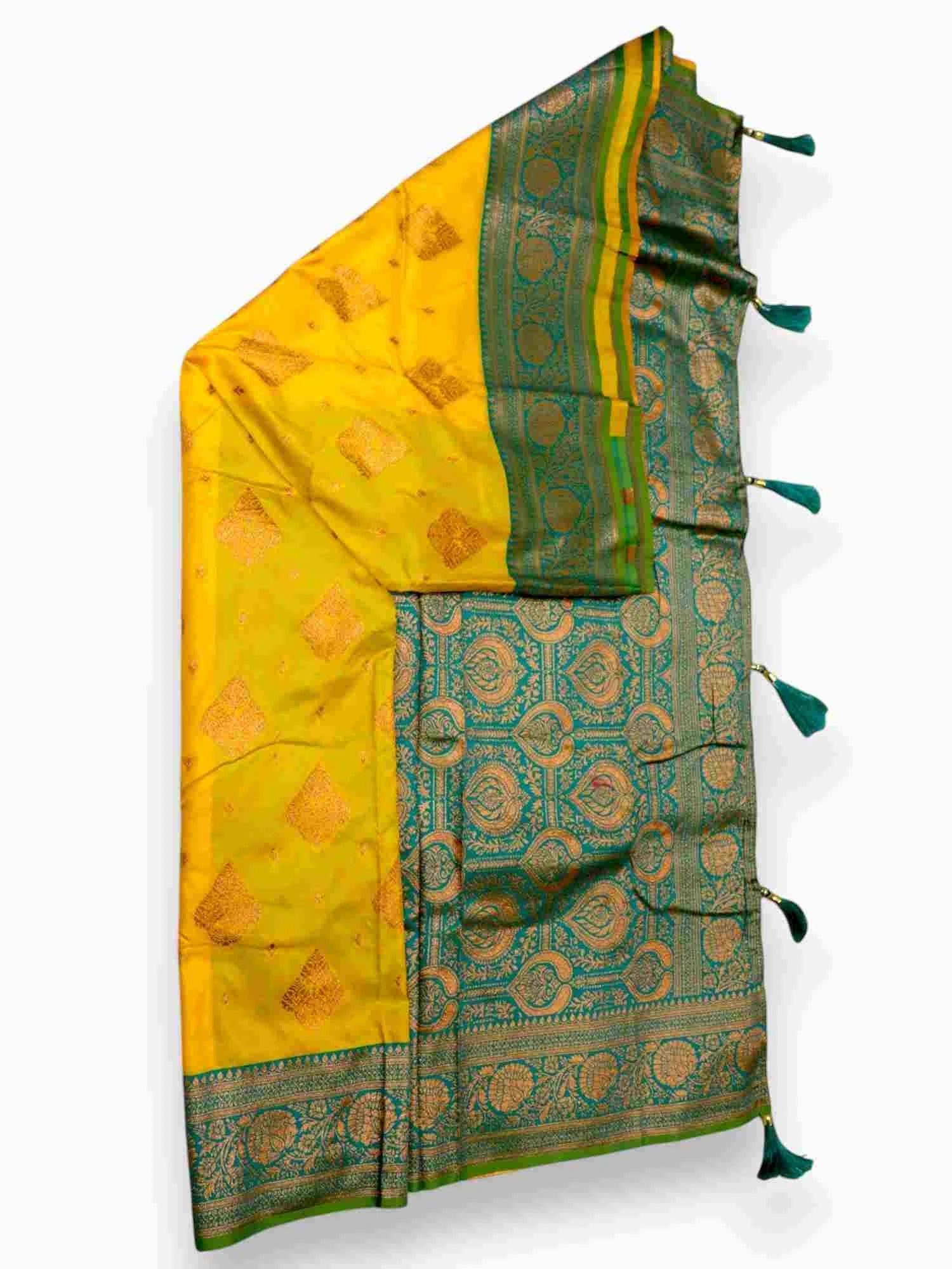 Jiarah Premium Floral Woven Banarasi Silk Saree Yellow