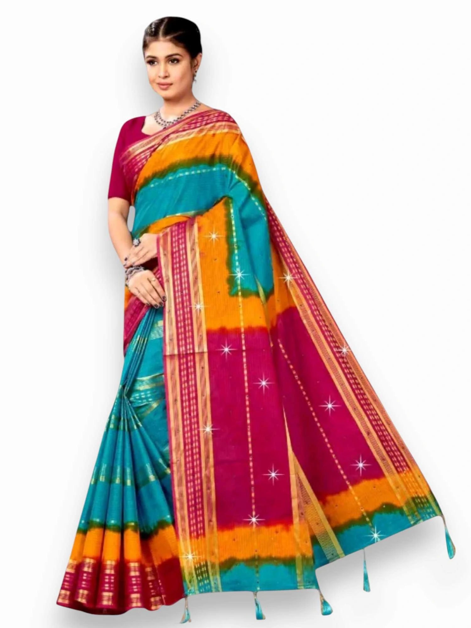 Jiarah Pure Cotton Zari Border Dual Tone Saree Blue