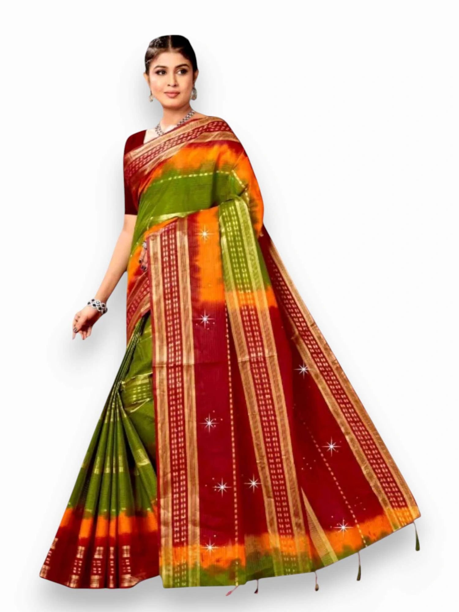 Jiarah Pure Cotton Zari Border Dual Tone Saree Green