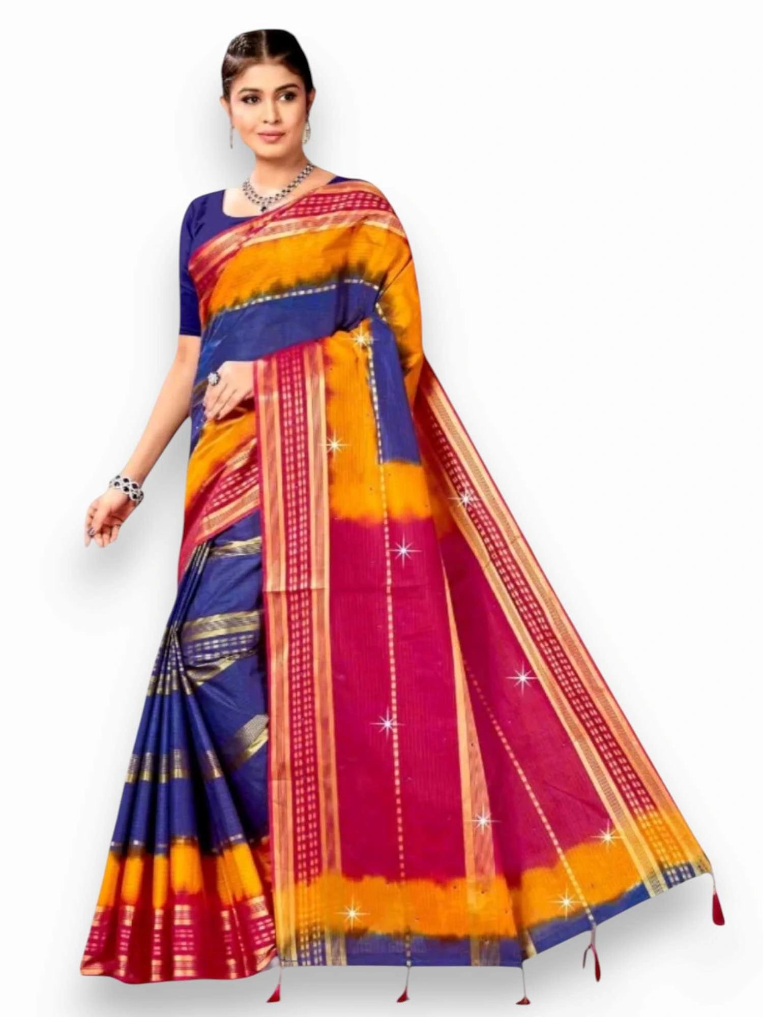 Jiarah Pure Cotton Zari Border Dual Tone Saree Blue