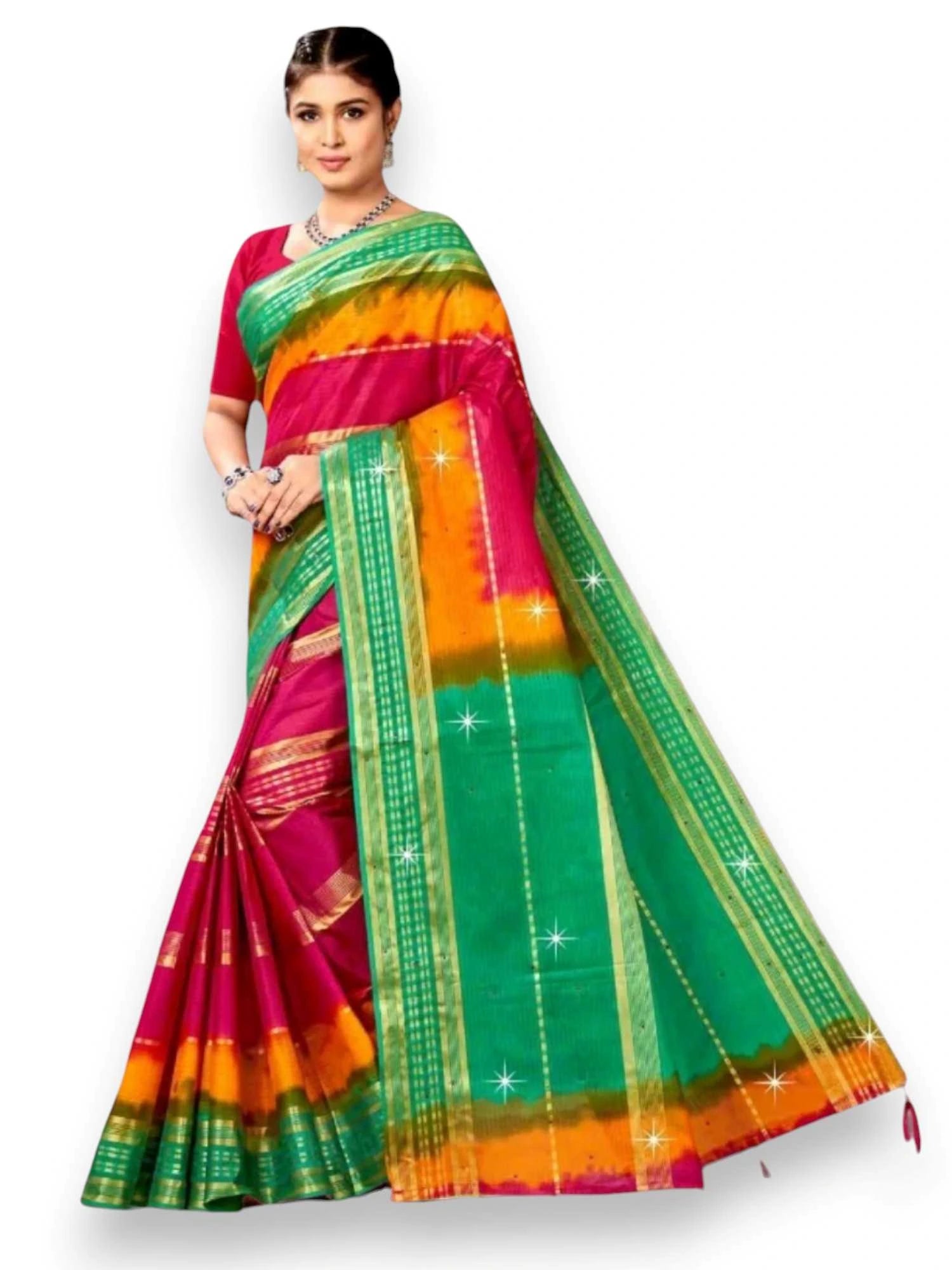 Jiarah Pure Cotton Zari Border Dual Tone Saree Pink