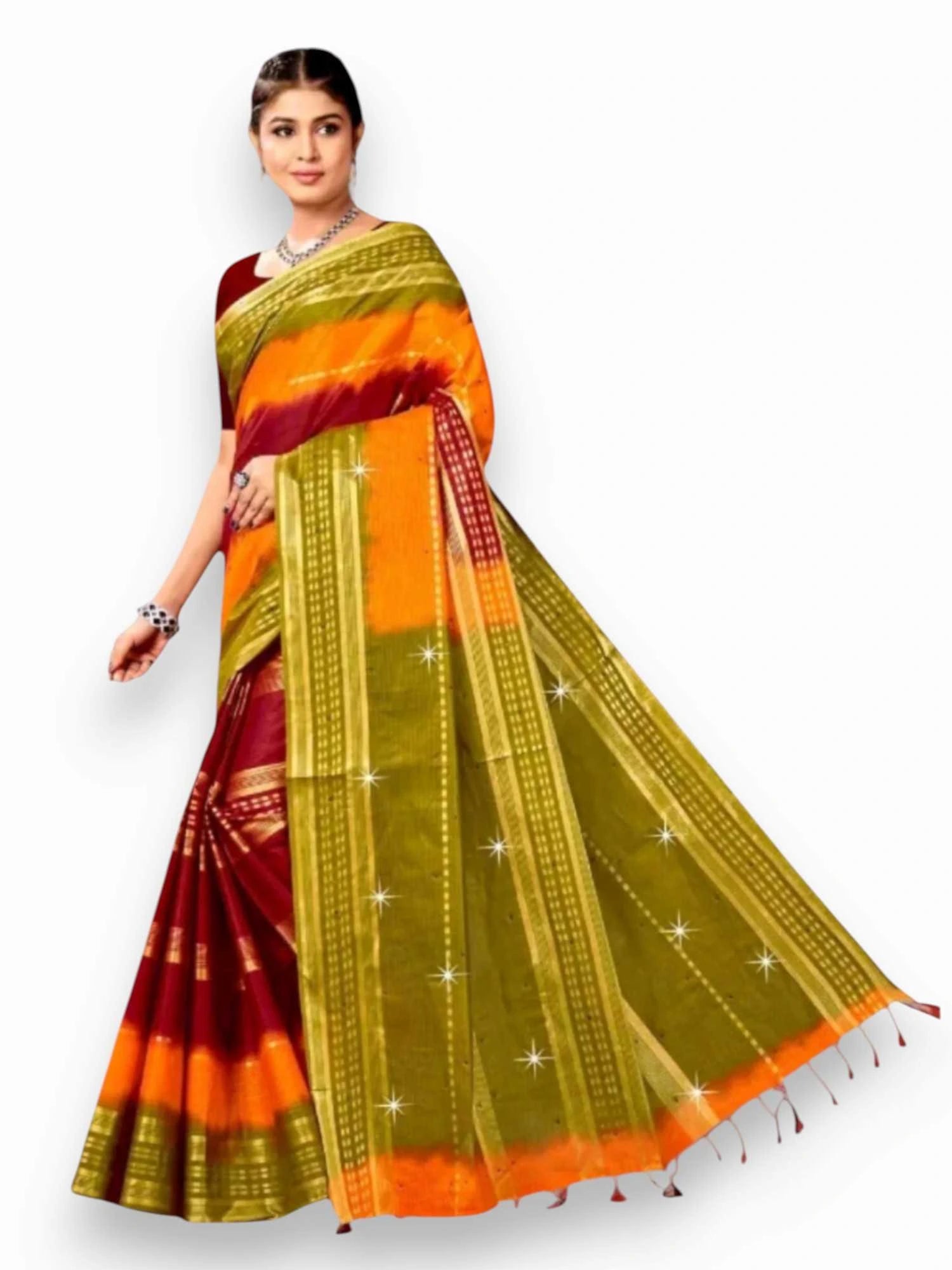 Jiarah Pure Cotton Zari Border Dual Tone Saree Red