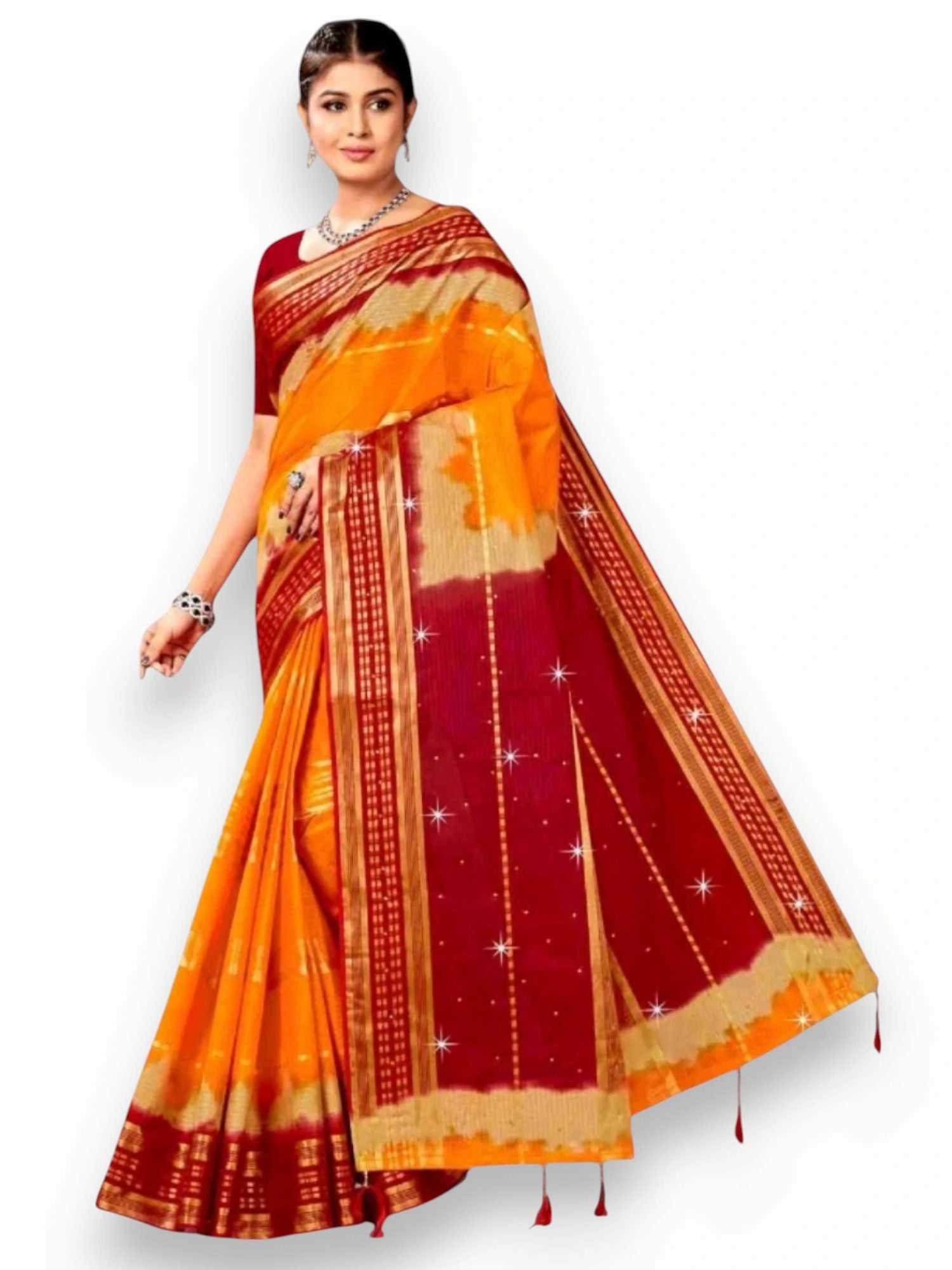 Jiarah Pure Cotton Zari Border Dual Tone Saree Yellow