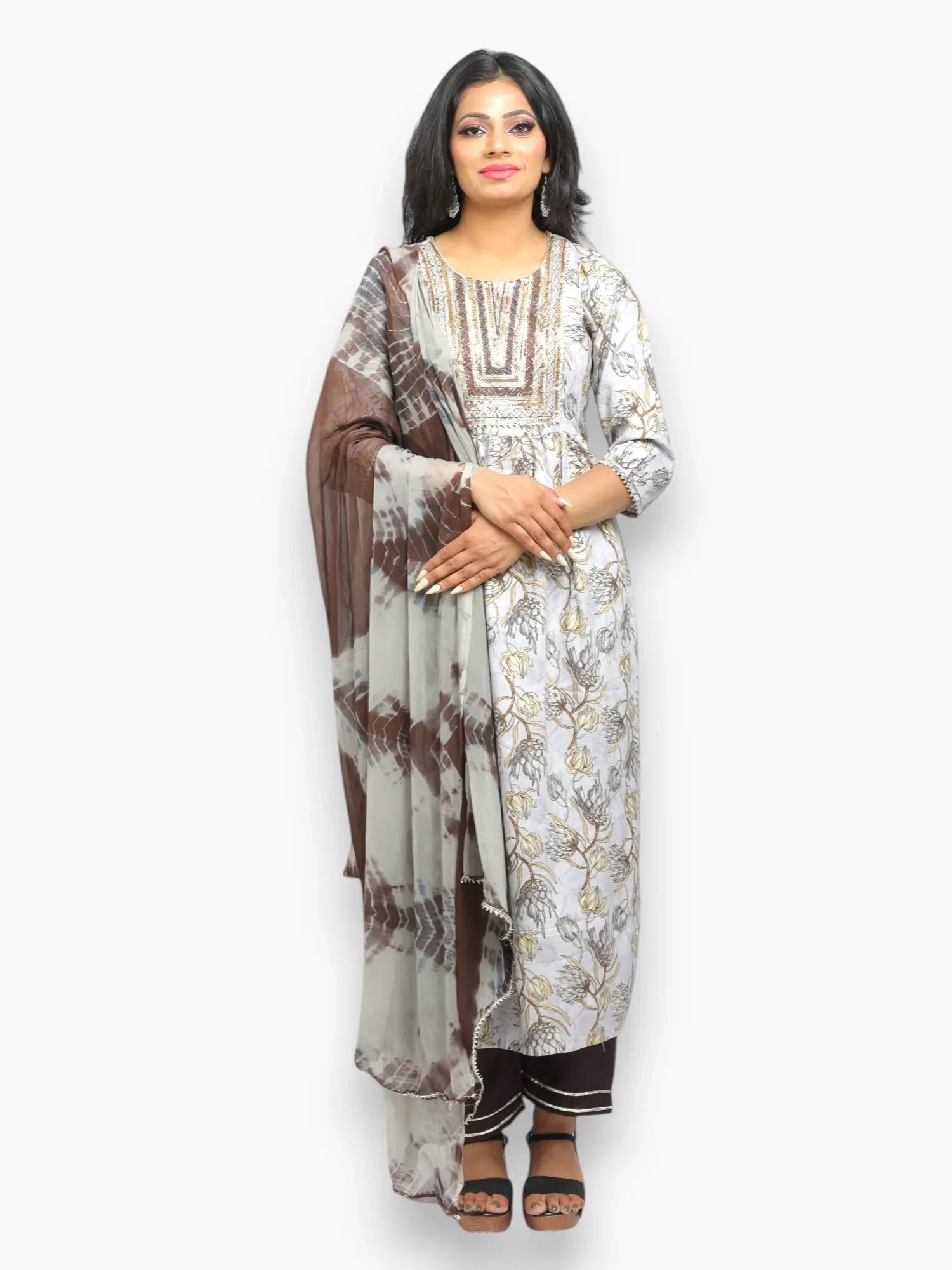 Jiarah Sequins Thread Work Rayon Flared Kurta Pant Set with Dupatta