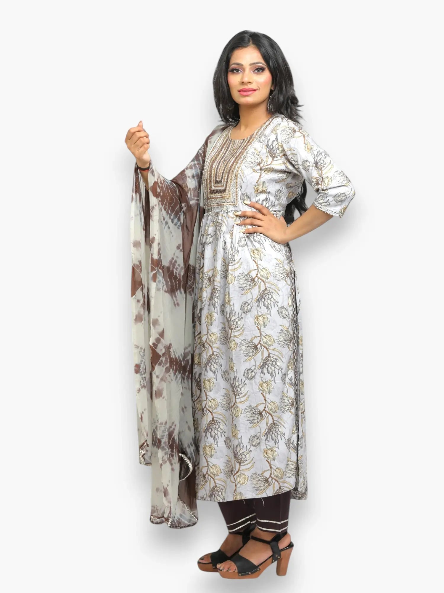 Jiarah Sequins Thread Work Rayon Flared Kurta Pant Set with Dupatta