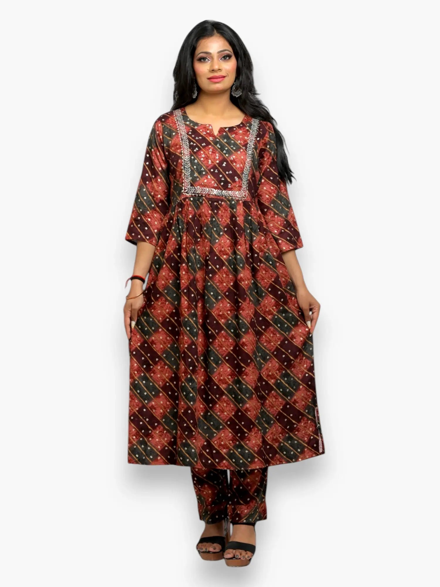 Jiarah Sequins Work Lehriya Foil Print Rayon Kurta Pant Set with Dupatta