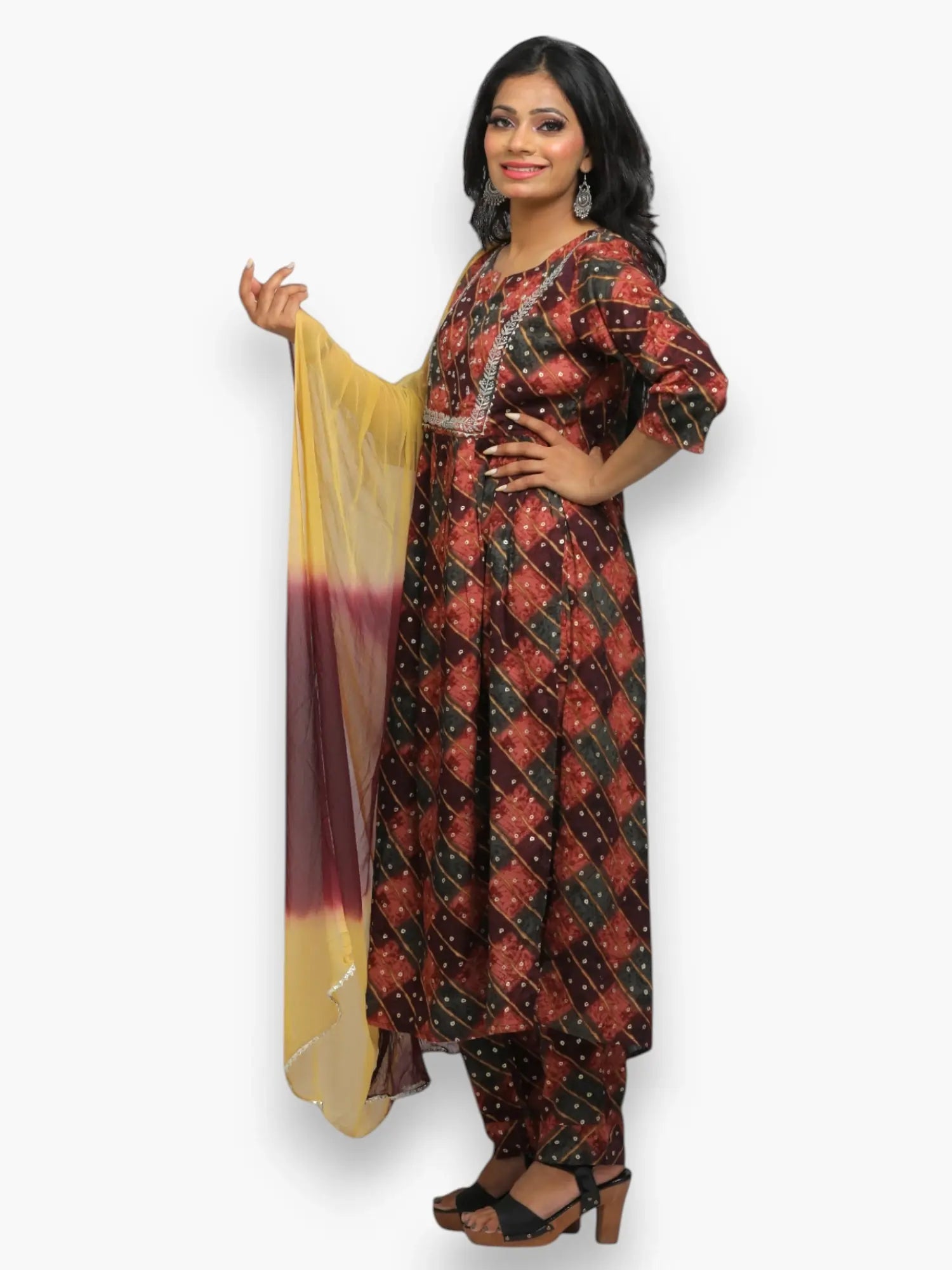 Jiarah Sequins Work Lehriya Foil Print Rayon Kurta Pant Set with Dupatta