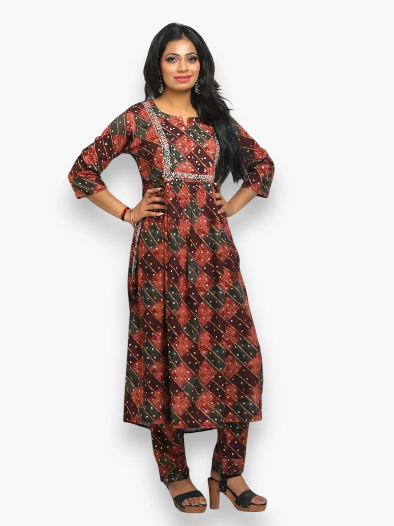 Jiarah Sequins Work Lehriya Foil Print Rayon Kurta Pant Set with Dupatta