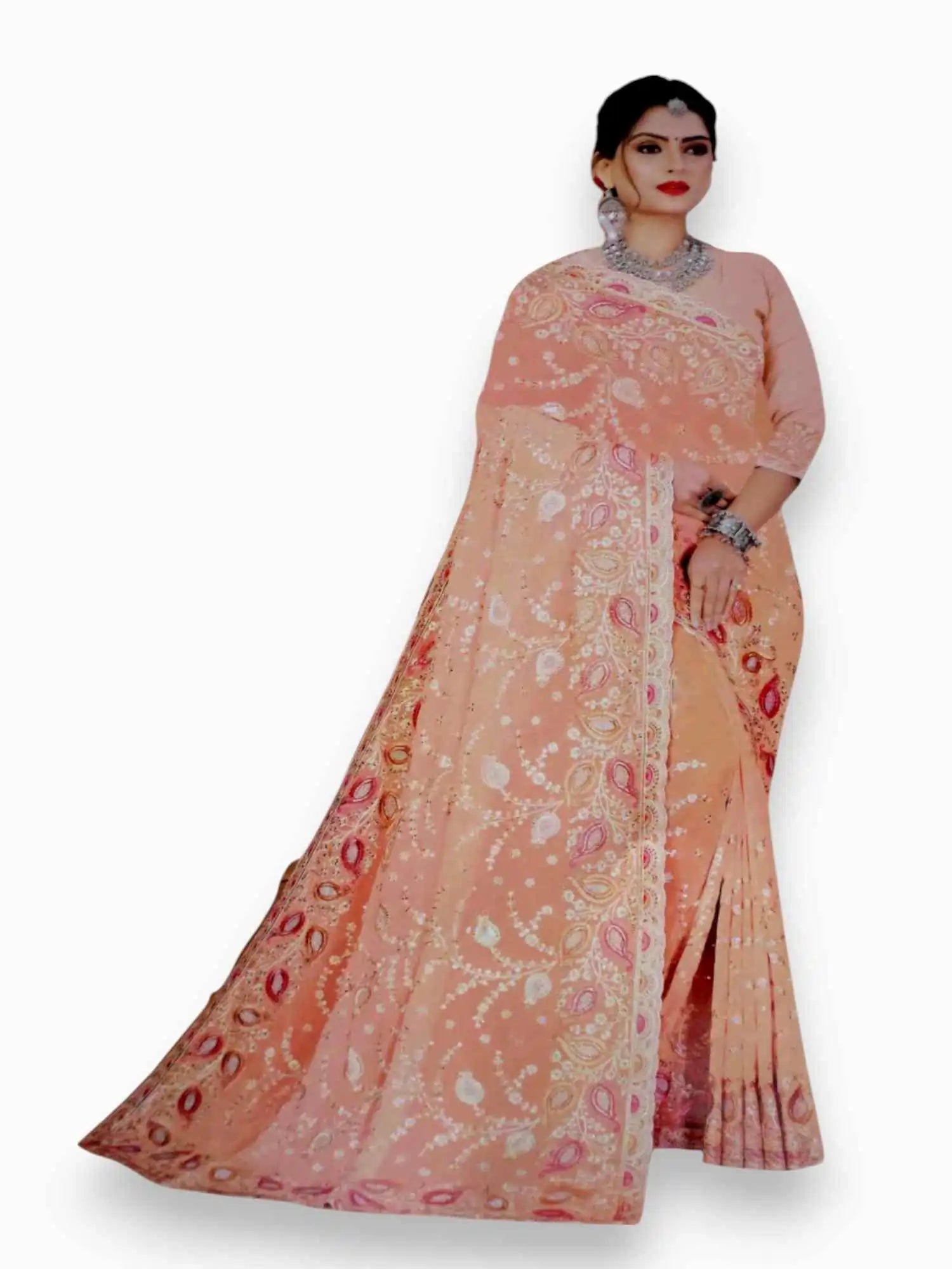 Jiarah Thread Embroidery Chiffon Saree Orange