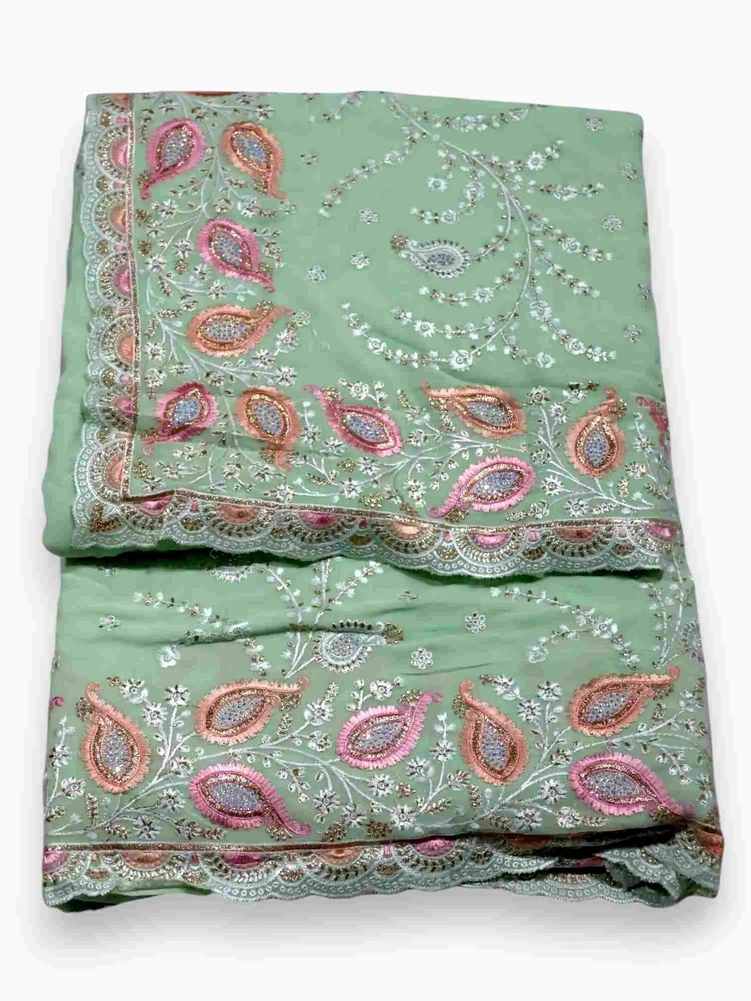 Jiarah Thread Embroidery Chiffon Saree Pista Green