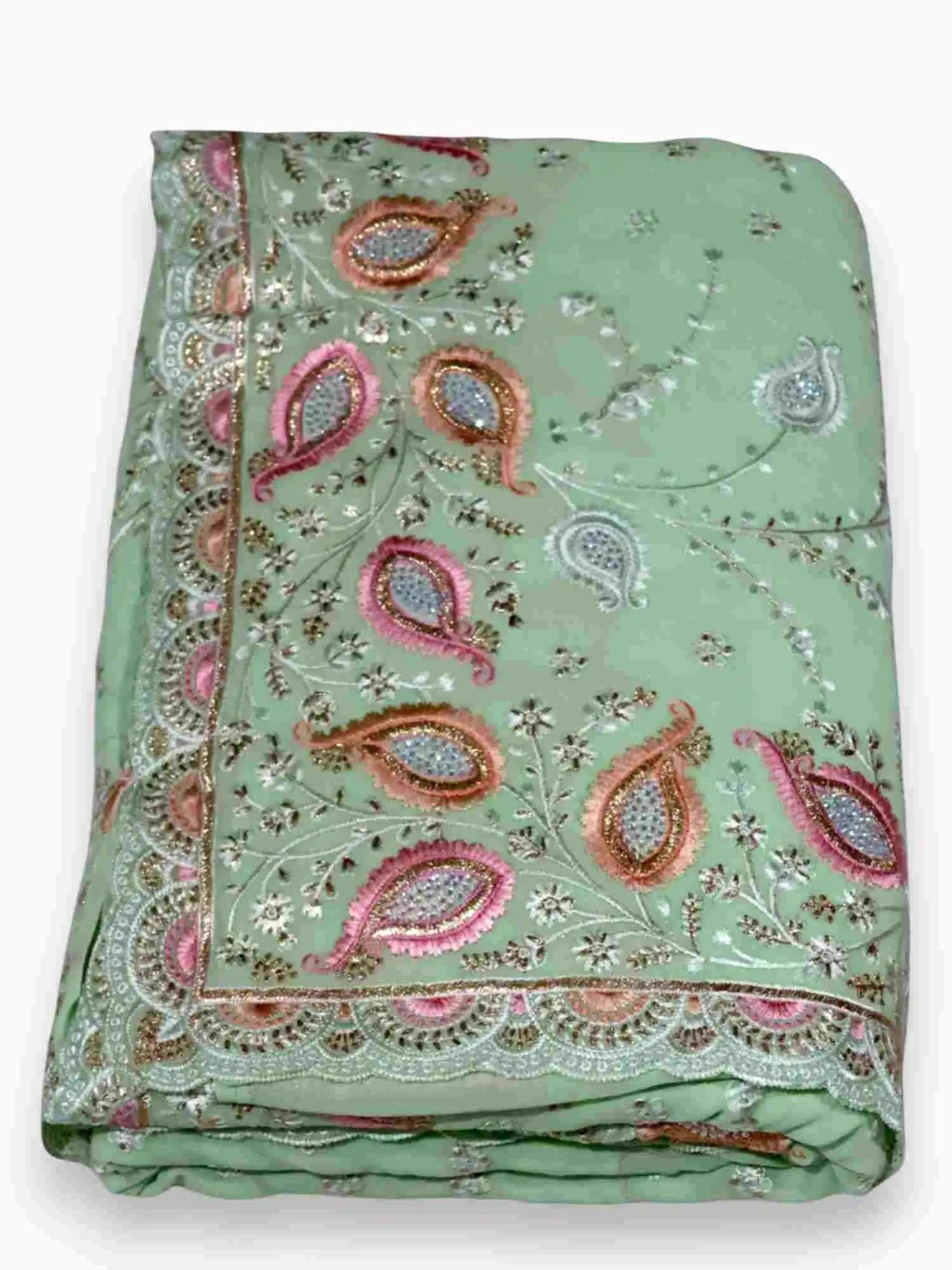 Jiarah Thread Embroidery Chiffon Saree Pista Green