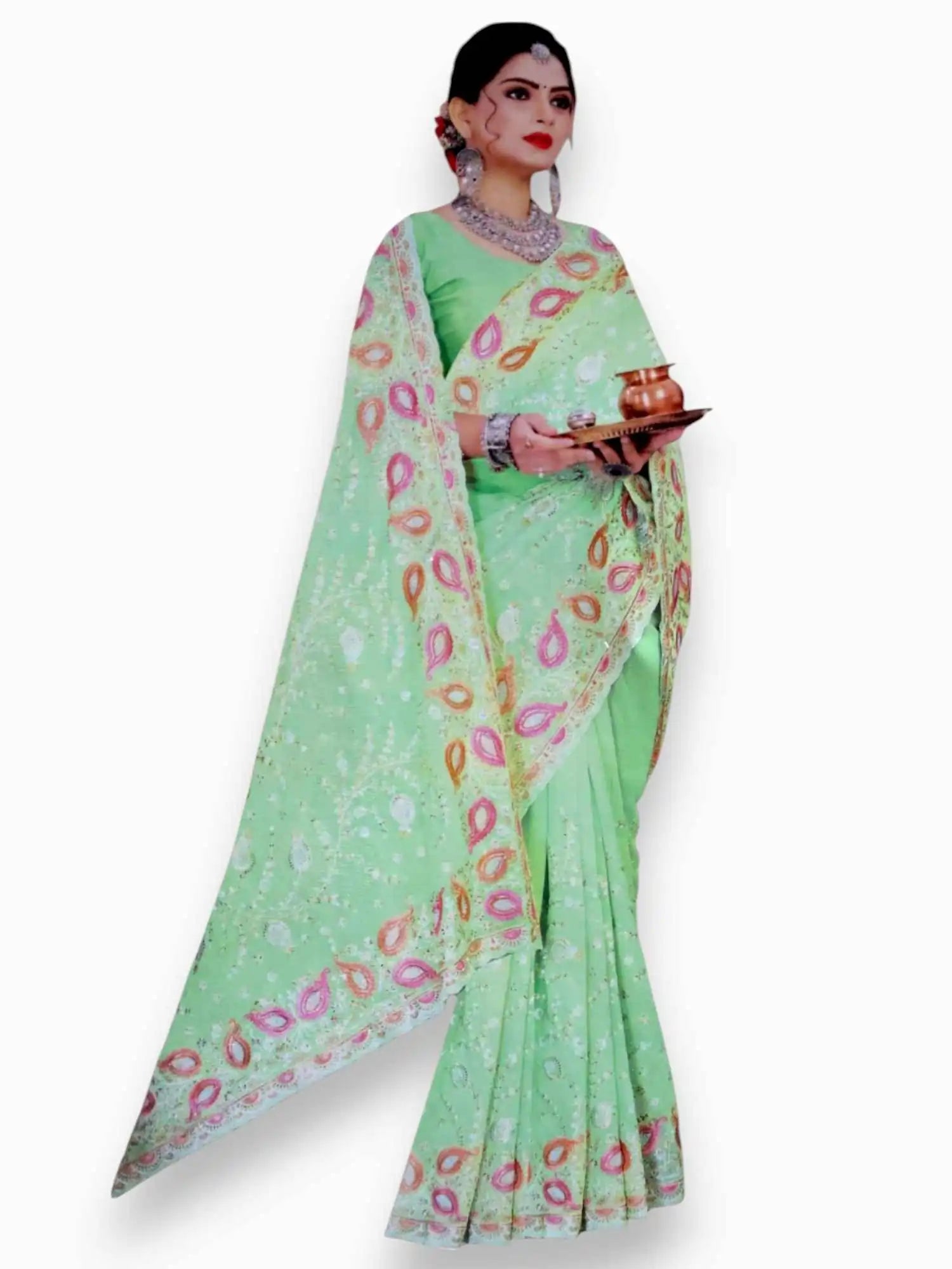 Jiarah Thread Embroidery Chiffon Saree Pista Green