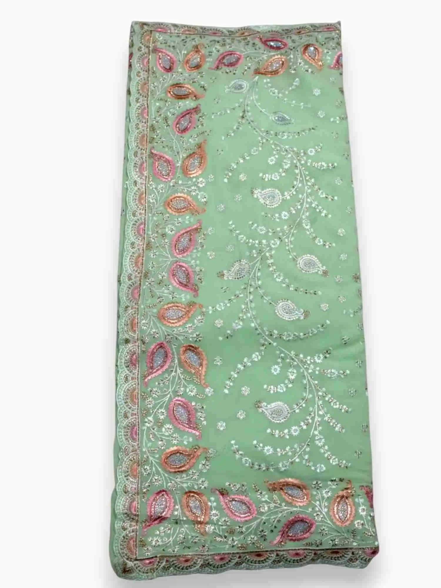 Jiarah Thread Embroidery Chiffon Saree Pista Green