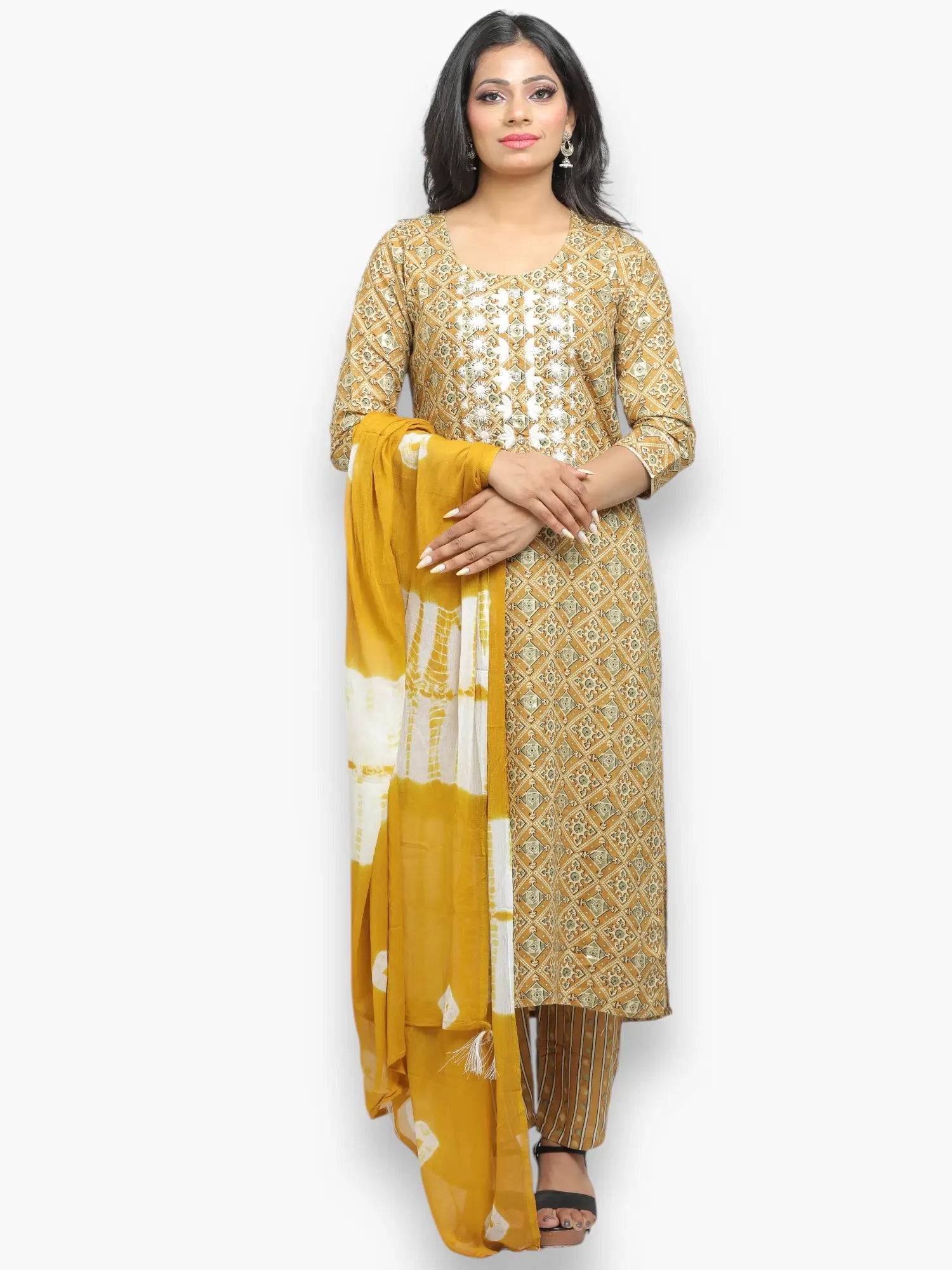 Jiarah Thread Work Batik Print Kurta Pant Set with Dupatta