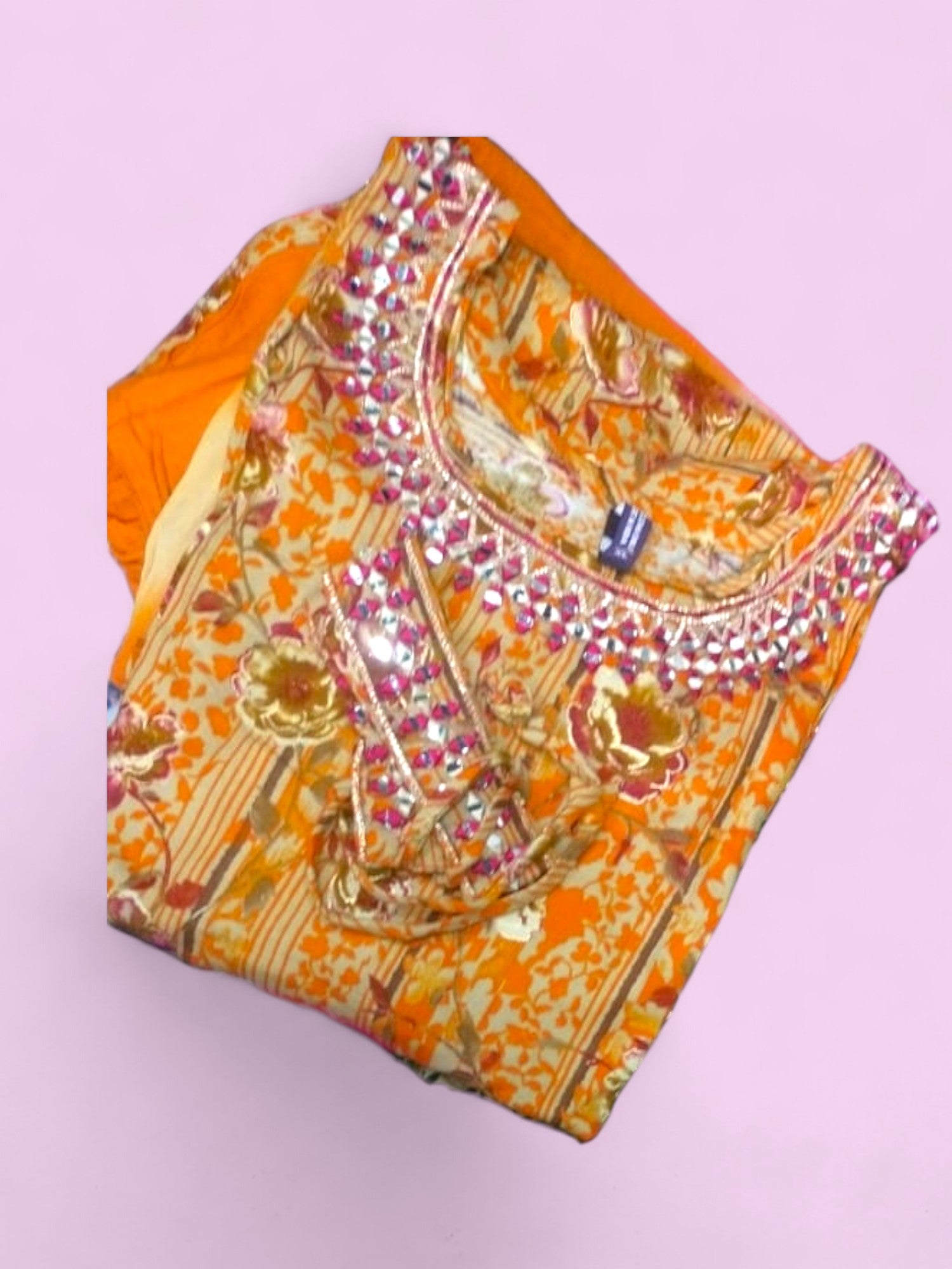 Jiarah Foil Print Mirror Work Rayon Kurta Palazzo Set with Belt and Dupatta
