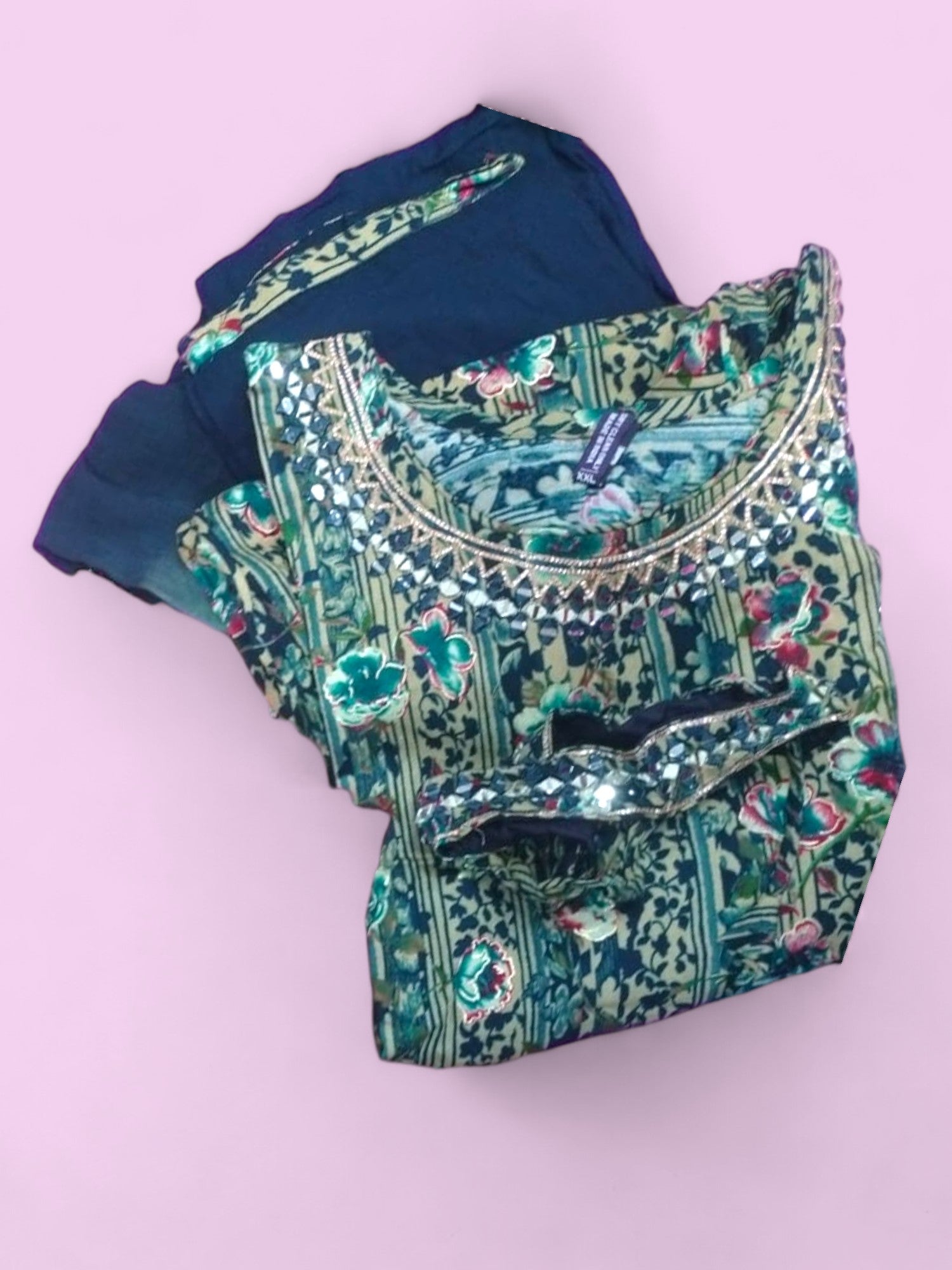 Jiarah Foil Print Mirror Work Rayon Kurta Palazzo Set with Belt and Dupatta