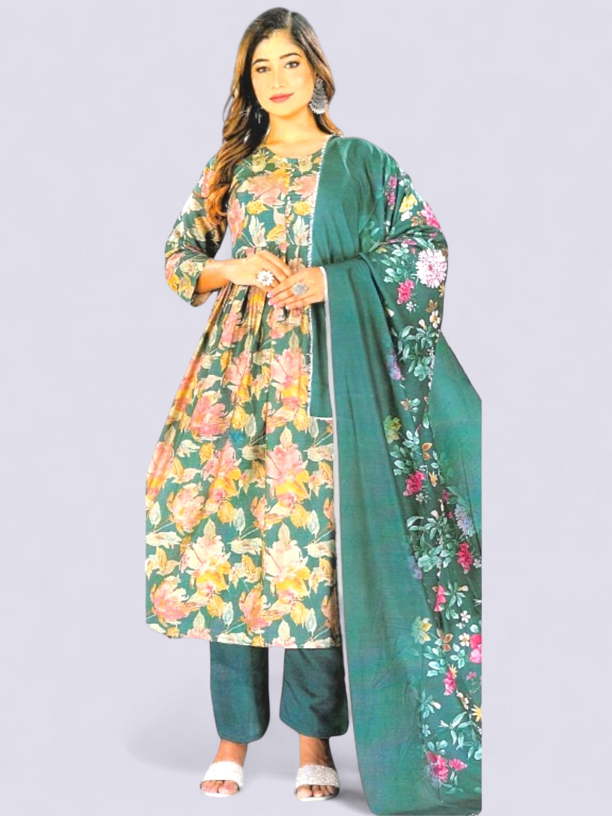 Jiarah Floral Foil Print Anarkali Kurta Set with Dupatta