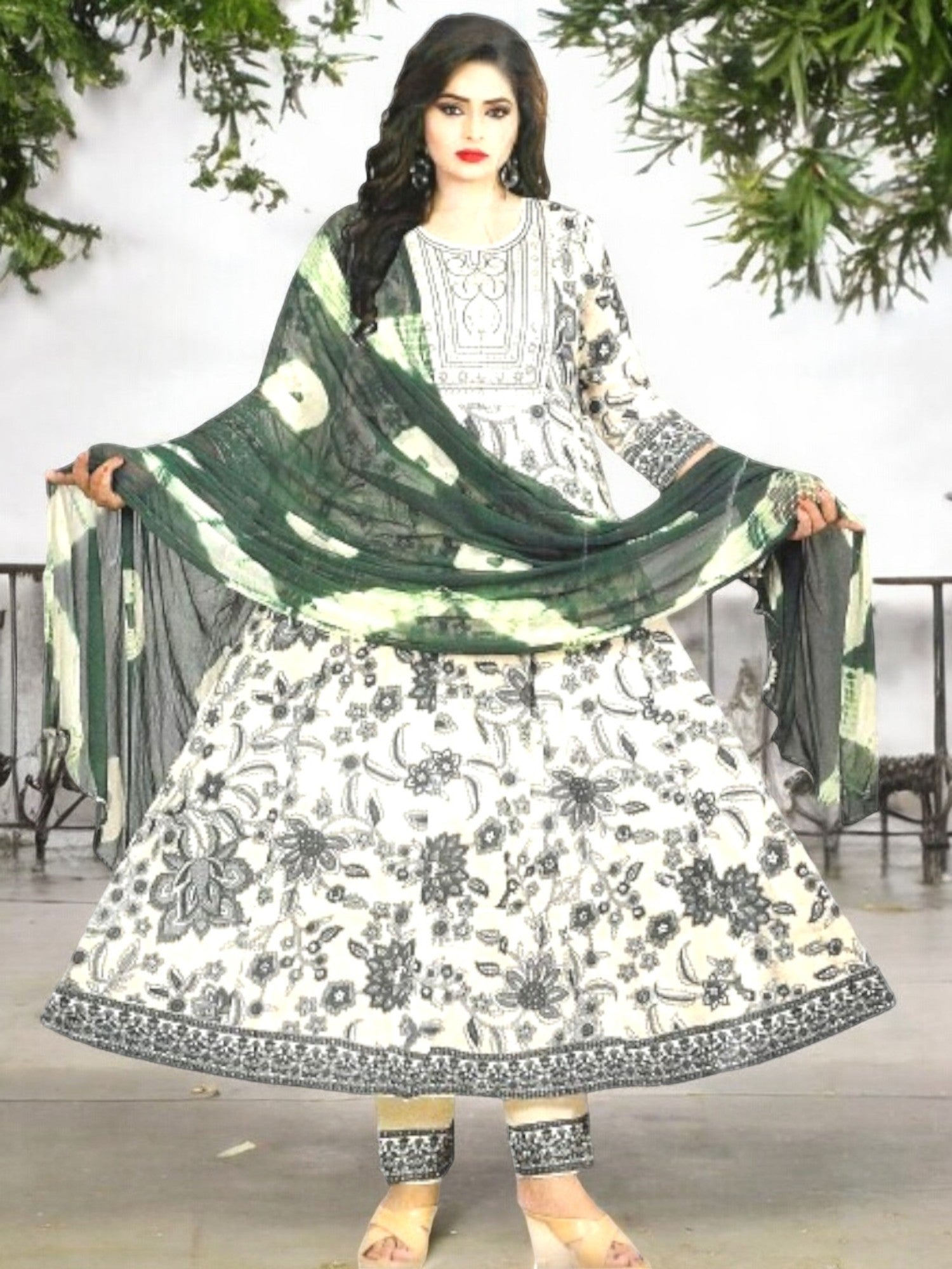 Jiarah Threadwork Floral Print Anarkali Kurta Pant Set with Dupatta