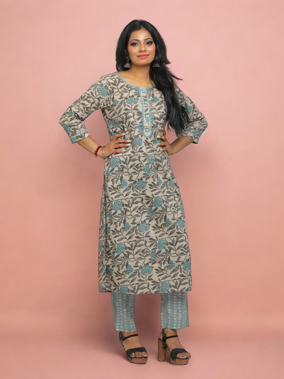 Jiarah Floral Print Pearl Handwork Cotton Kurta Set with Dupatta