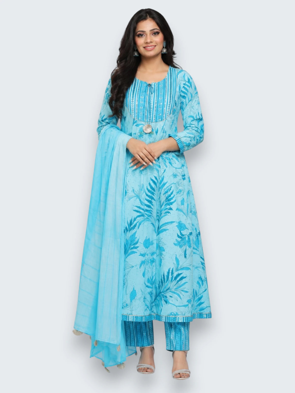 Jiarah Handwork Floral Print Anarkali Kurta Pant Set with Dupatta