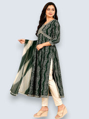 Jiarah Leheriya Foil Printed Sequins Work Paneled Kurta Pant Set With Dupatta