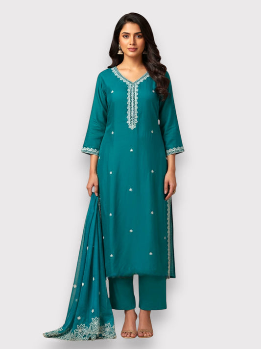 Jiarah Silk Embroidery Thread Work Straight Kurta Set With Dupatta