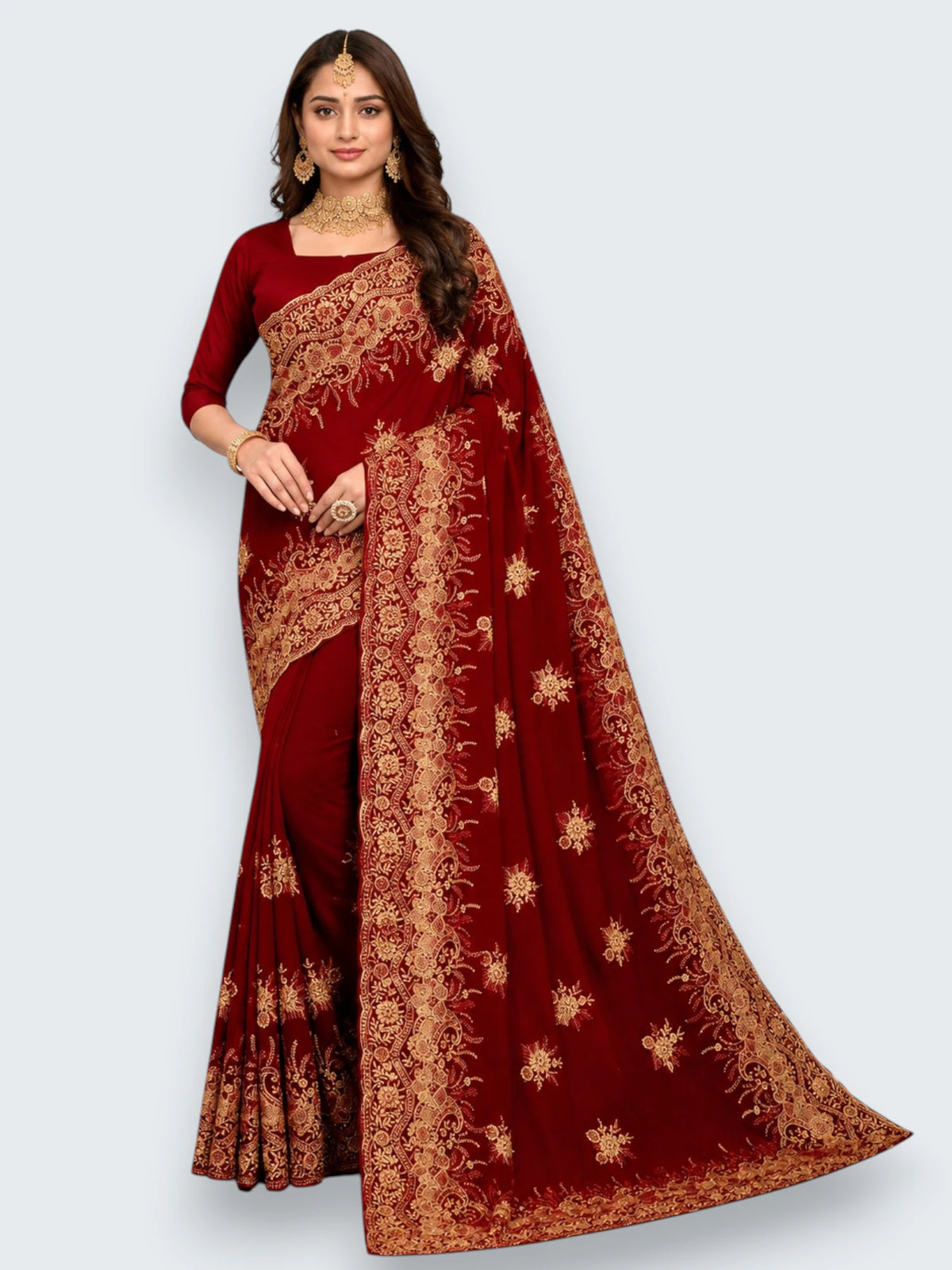 Jiarah Floral Heavy Embroidery Thread Work Georgette Bridal Saree