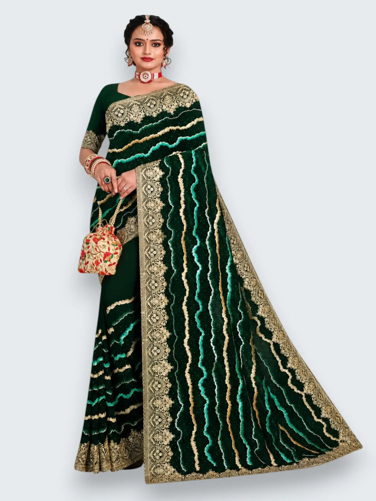 Jiarah Leheriya Heavy Embroidery Thread Work Bridal Chiffon Saree