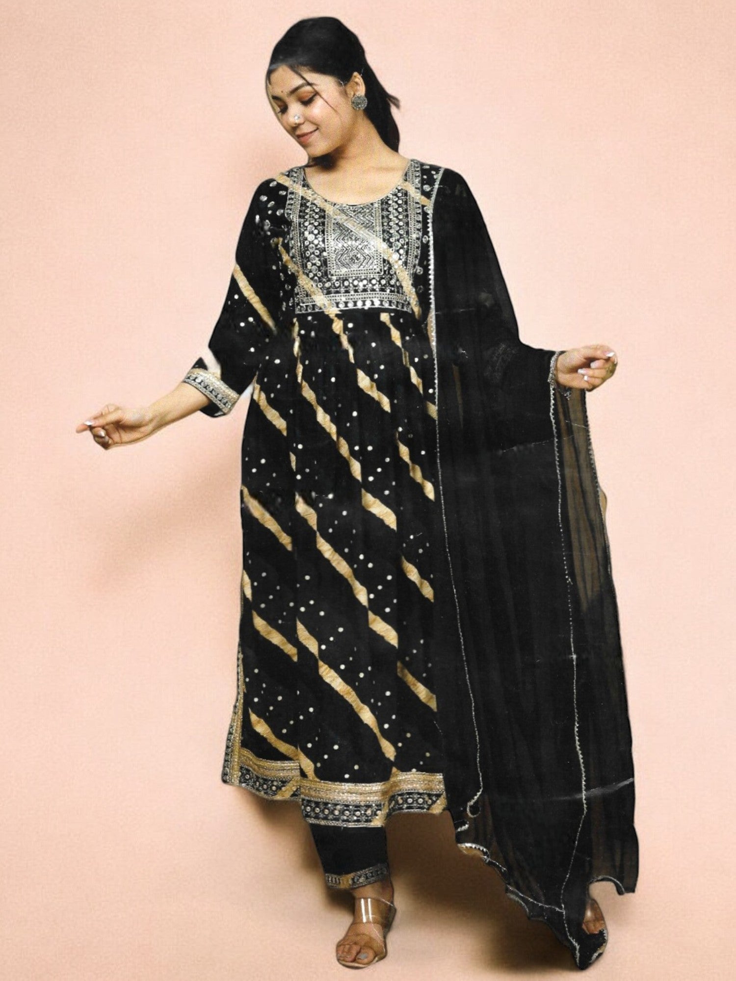 Jiarah Lehriya Print Sequins Work Cotton Kurta Palazzo Set with Dupatta