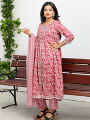 Jiarah Flared Middle Cut Pink Kurta Set with Gottapati Dupatta