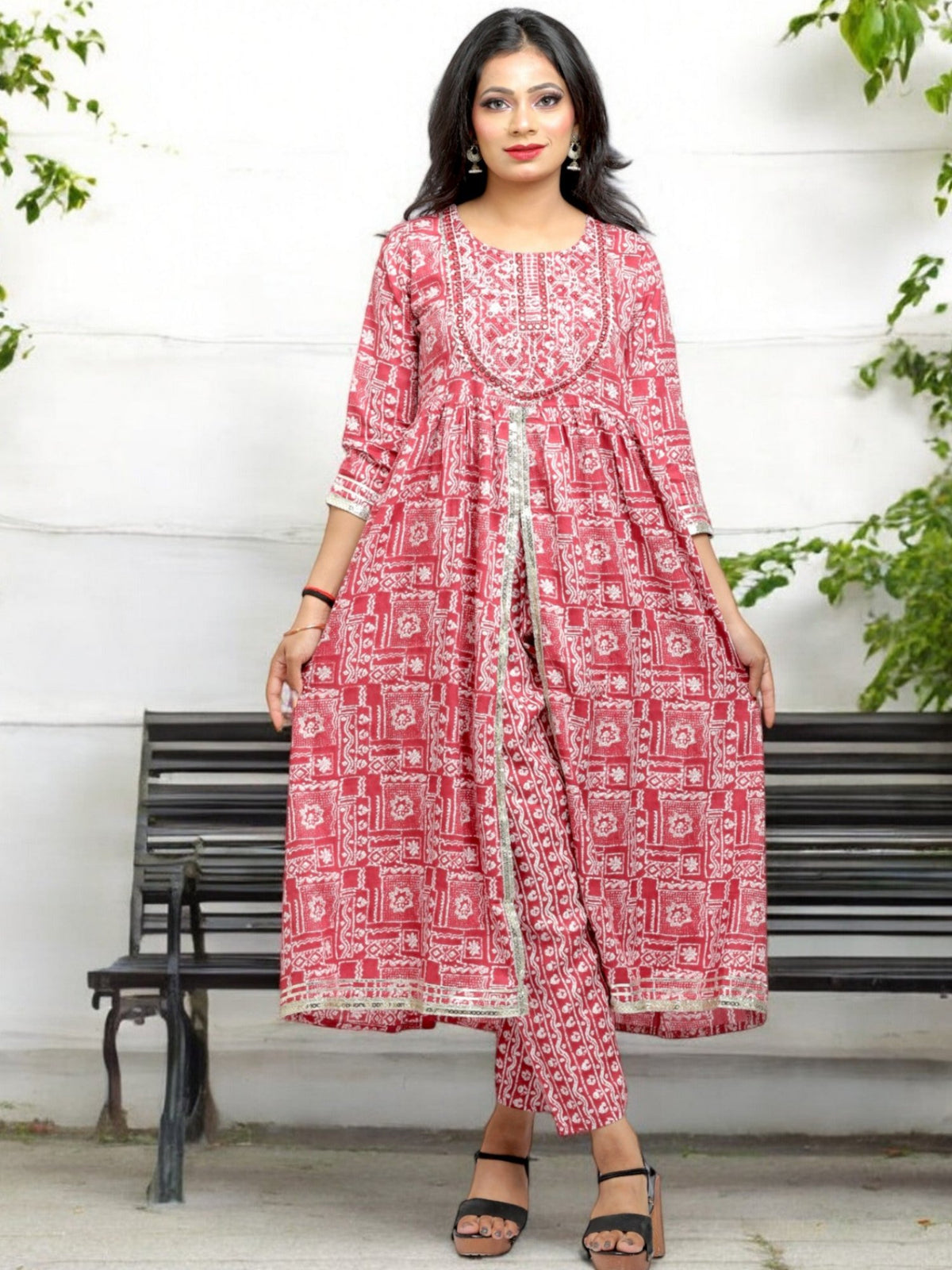 Jiarah Flared Middle Cut Pink Kurta Set with Gottapati Dupatta