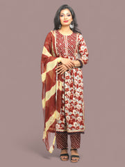 Jiarah Mirror Work Floral Print Paneled Rayon Kurta Pant Set with Dupatta