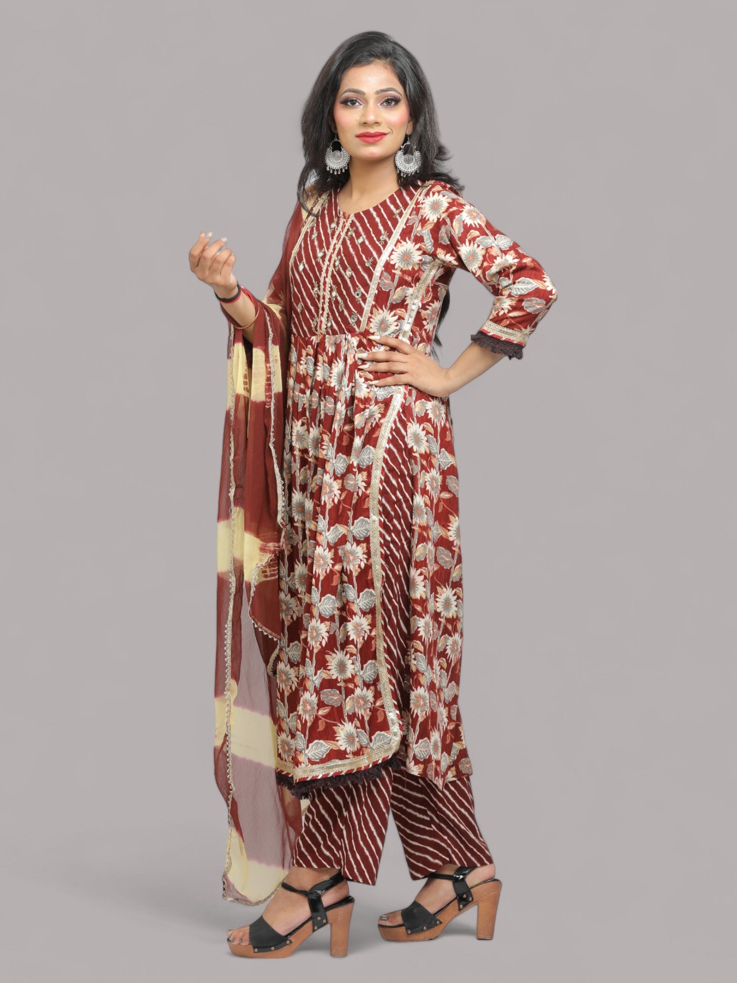 Jiarah Mirror Work Floral Print Paneled Rayon Kurta Pant Set with Dupatta