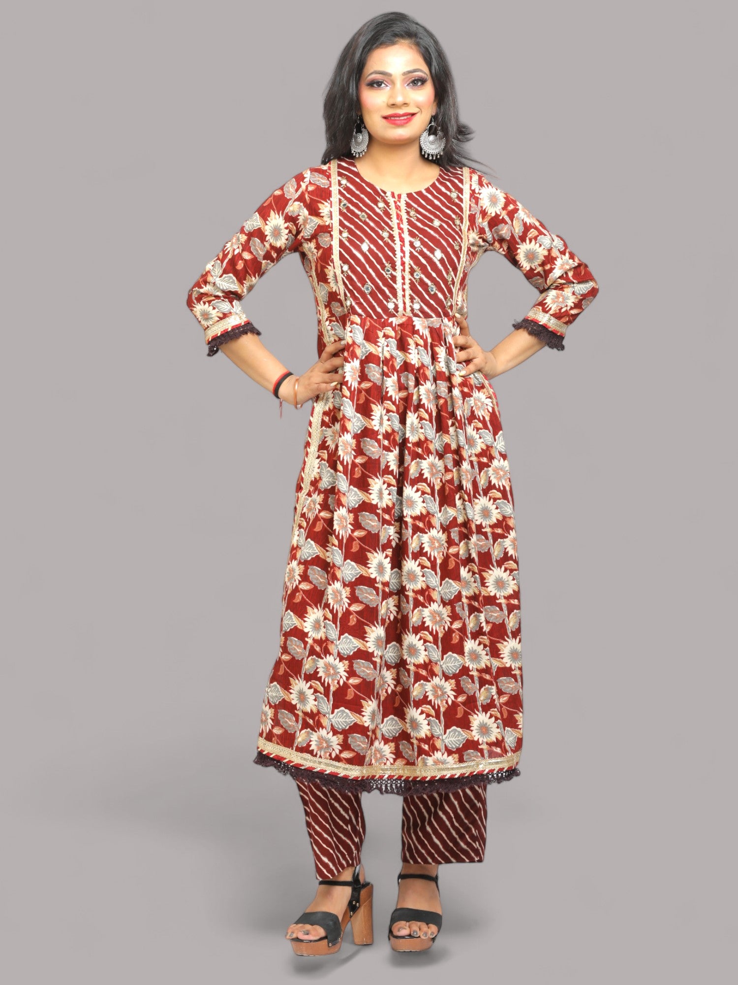 Jiarah Mirror Work Floral Print Paneled Rayon Kurta Pant Set with Dupatta